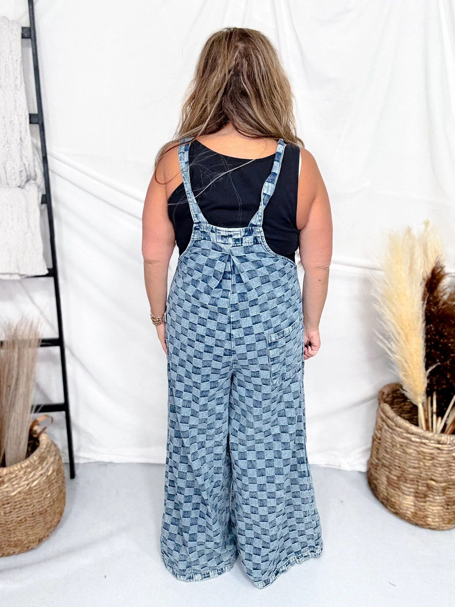 Adjustable Strap Checkered Denim Jumpsuit - Image 6