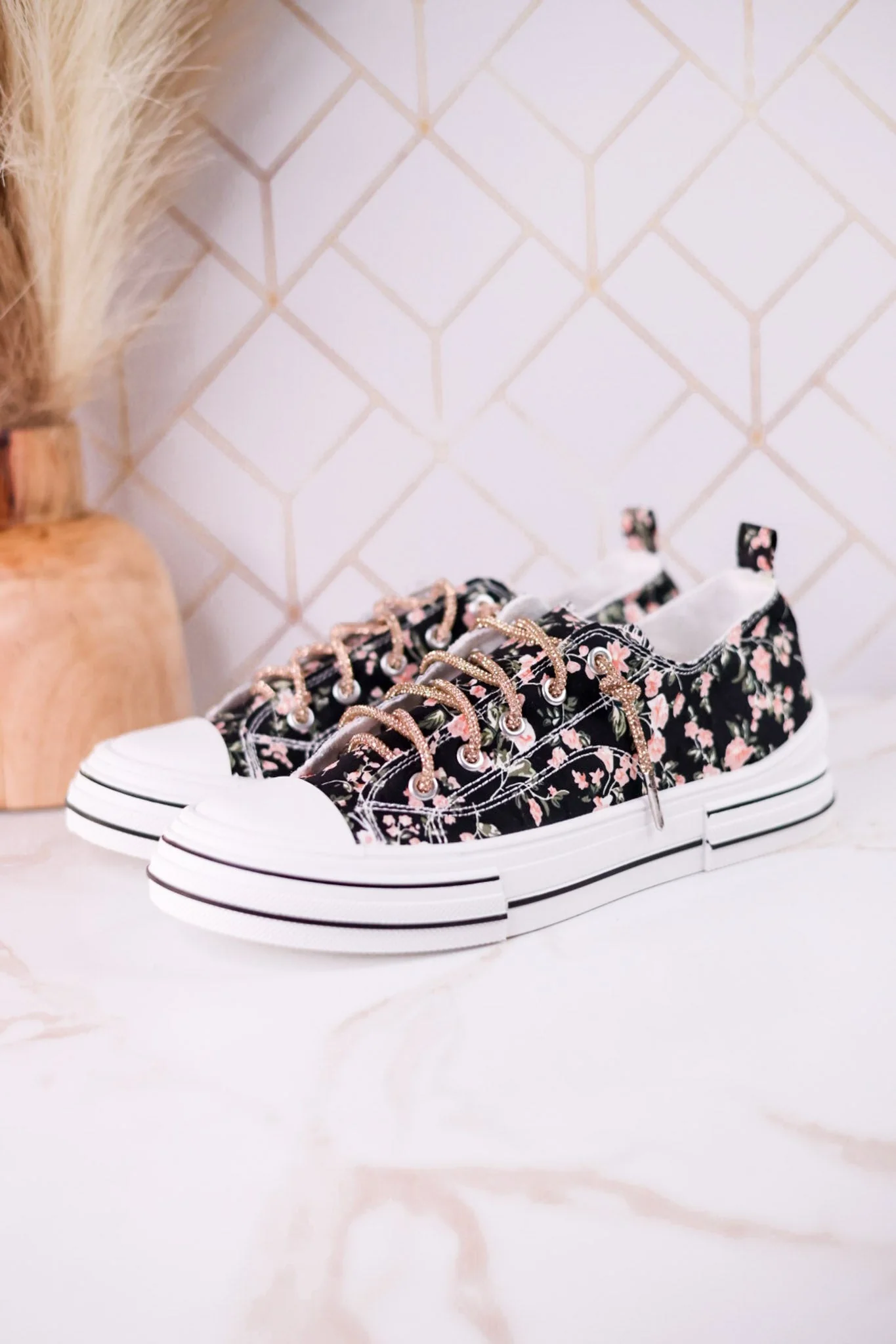 Aman Black & Pink Floral Sneakers WIth Rhinestone Laces FINAL SALE - Image 2