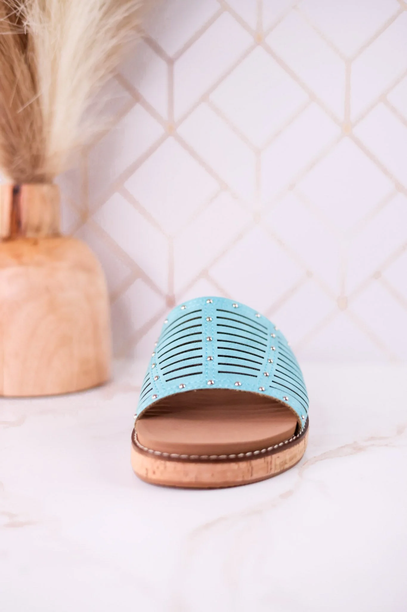 "At Ease" Turquoise Slip On Sandals With Stud Accents FINAL SALE - Image 8