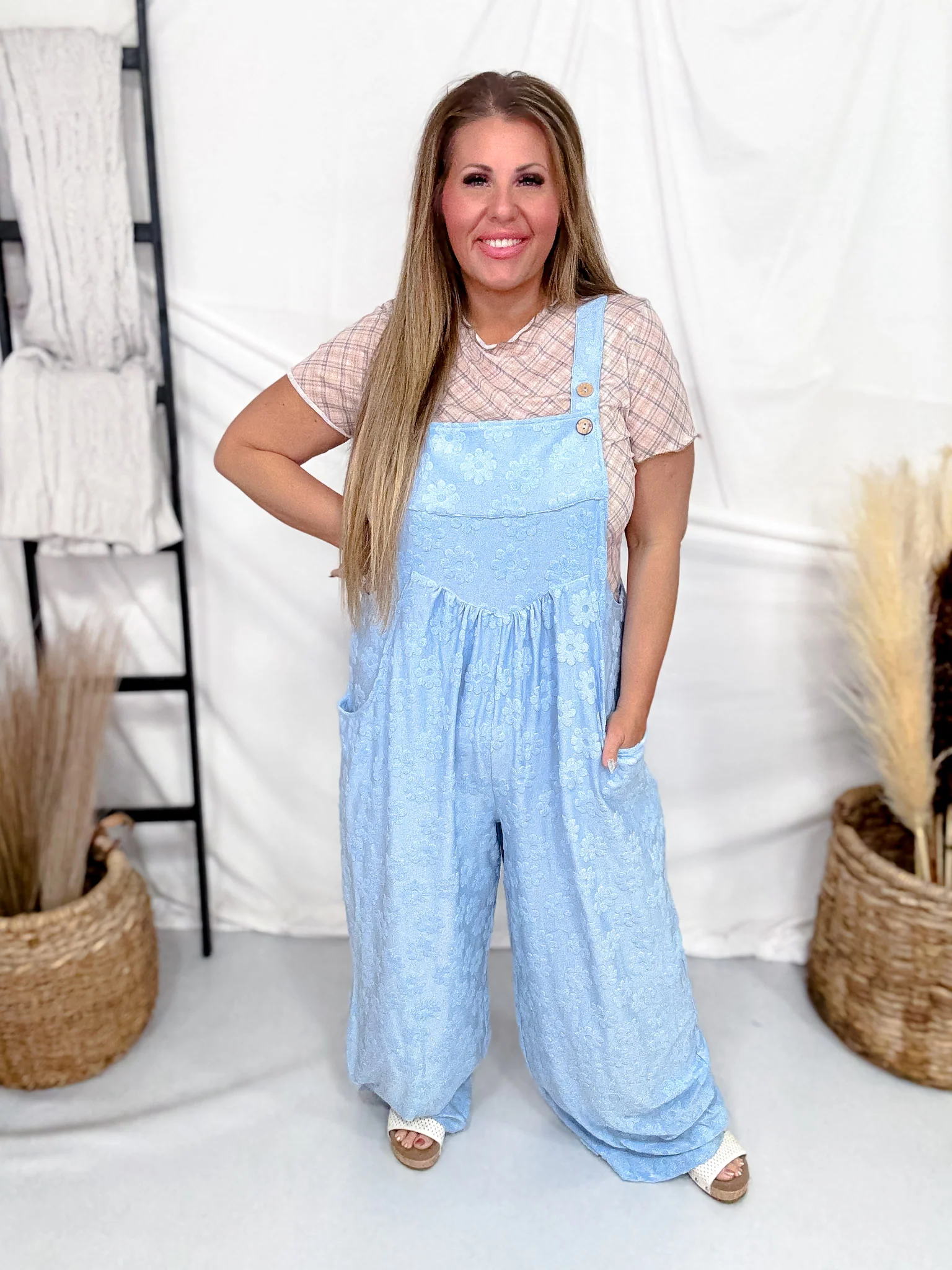 Baby Blue Wide Leg Overall Jumpsuit With Textured Floral Pattern FINAL SALE - Image 3