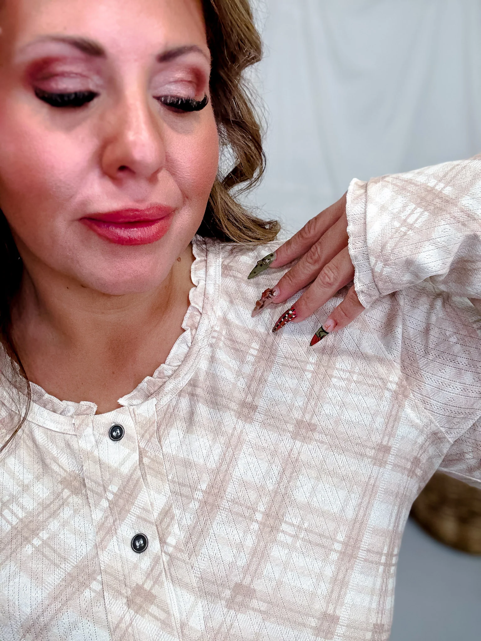 Beige Plaid Sheer Button Front Top FINAL SALE - Image 3