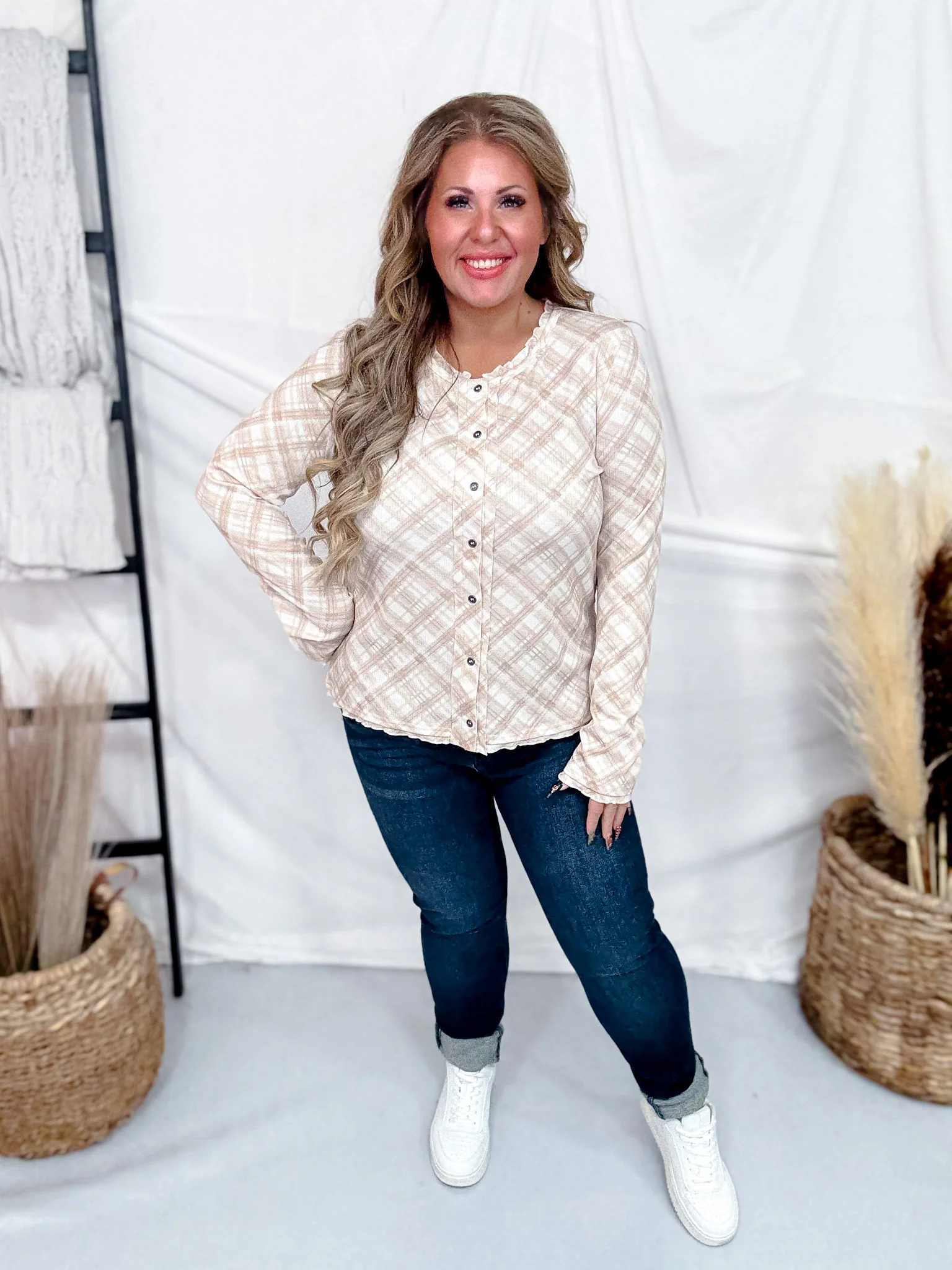 Beige Plaid Sheer Button Front Top FINAL SALE - Image 5