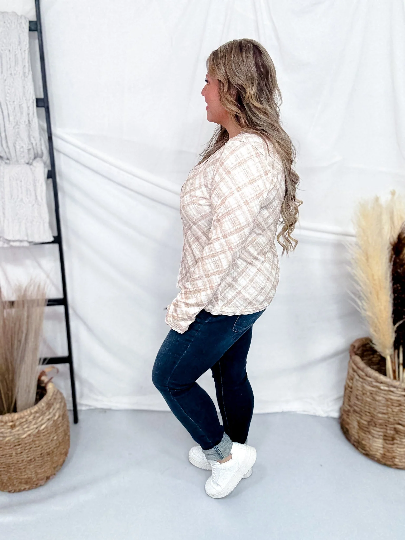 Beige Plaid Sheer Button Front Top FINAL SALE - Image 6