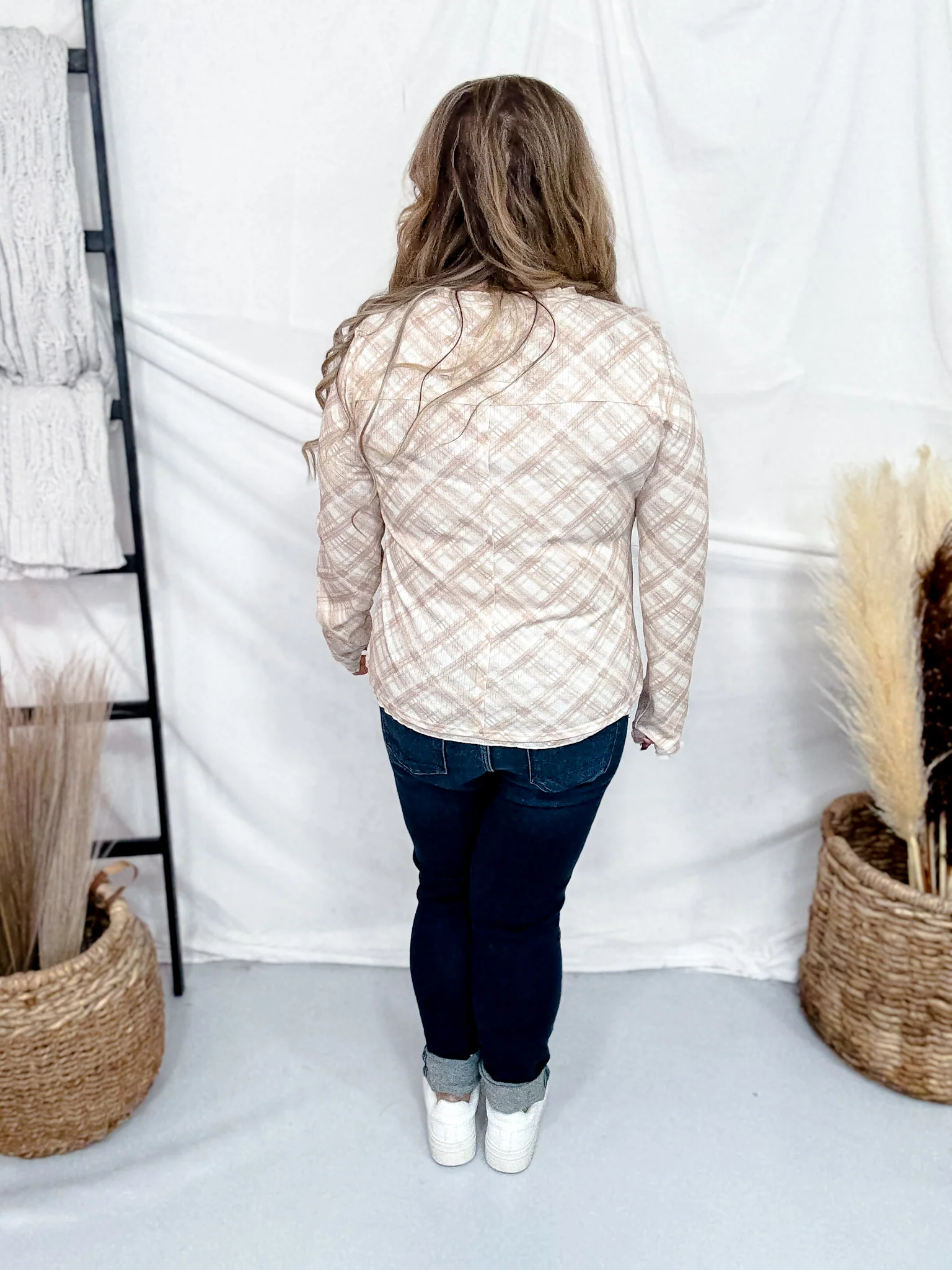 Beige Plaid Sheer Button Front Top FINAL SALE - Image 7
