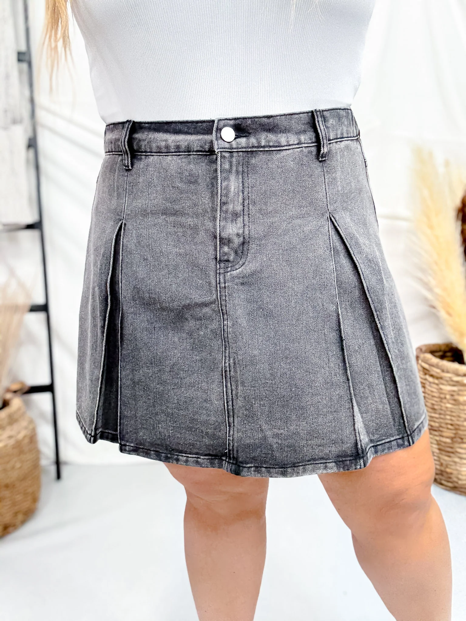 Black Box Pleated Washed Denim Skirt FINAL SALE - Image 3