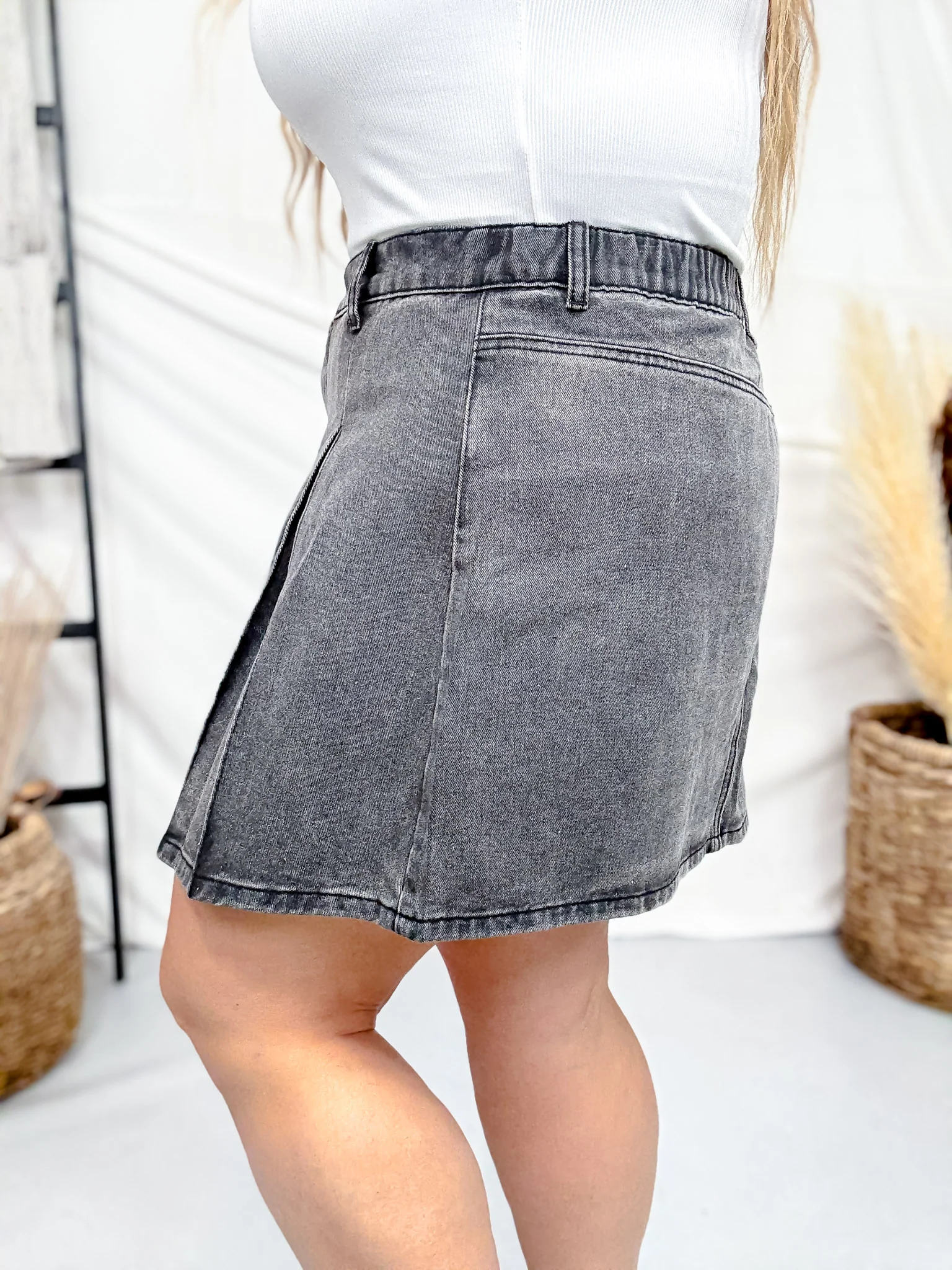 Black Box Pleated Washed Denim Skirt FINAL SALE - Image 4
