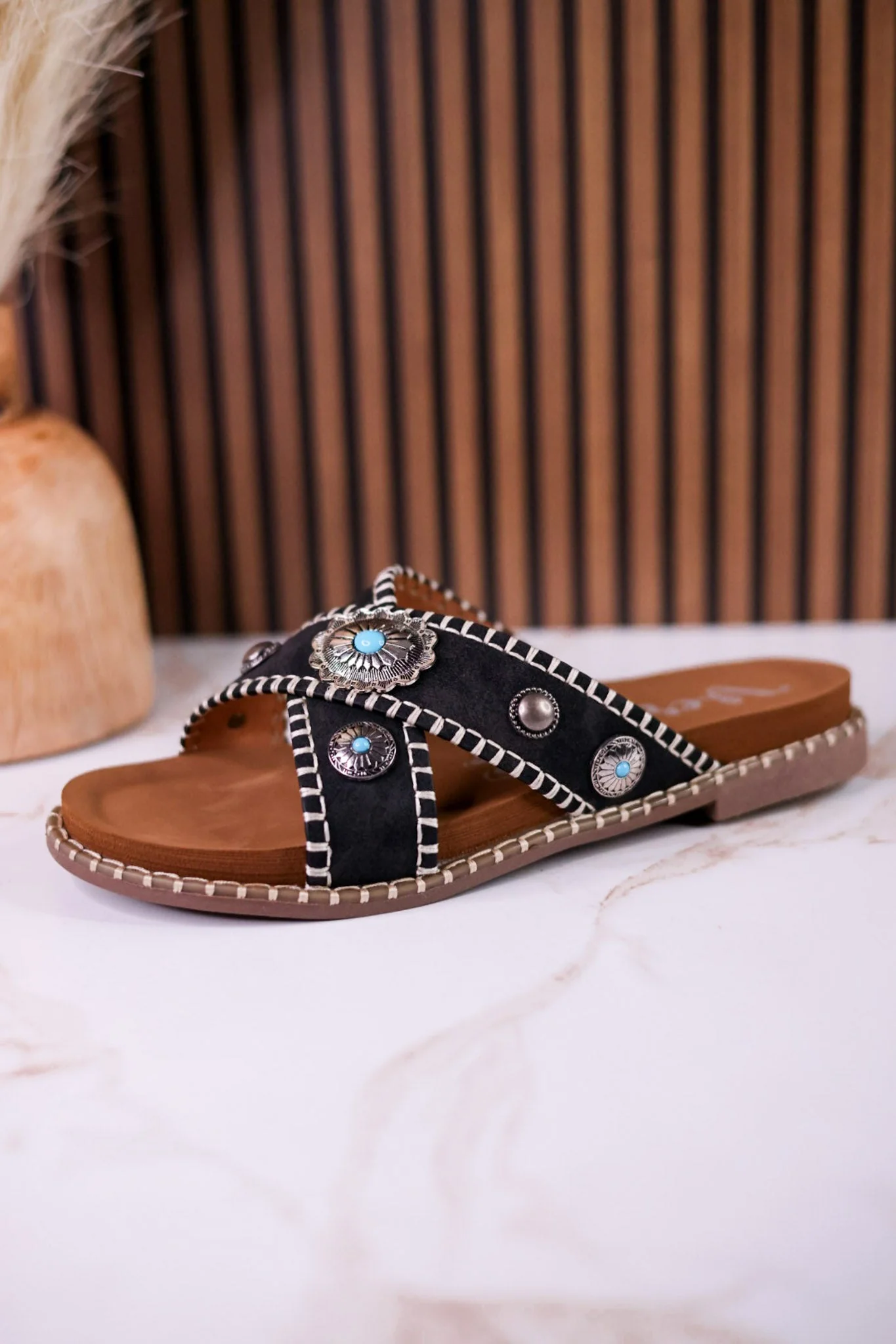 Black "Betsy" Faux Suede Sandals With Turquoise Concho Accents - Image 5
