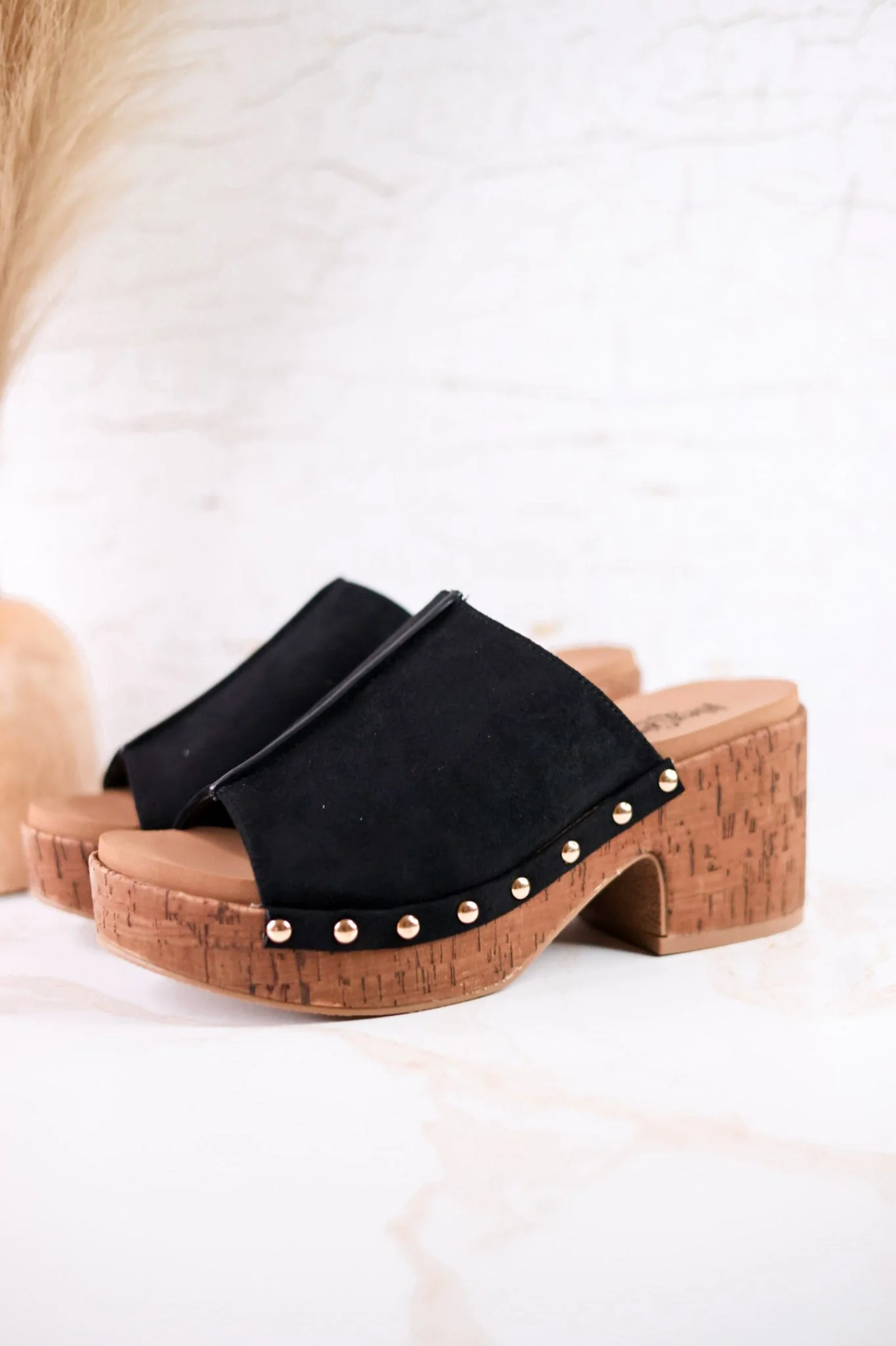 Black Faux Suede Platform Wedges With Studs - Image 7