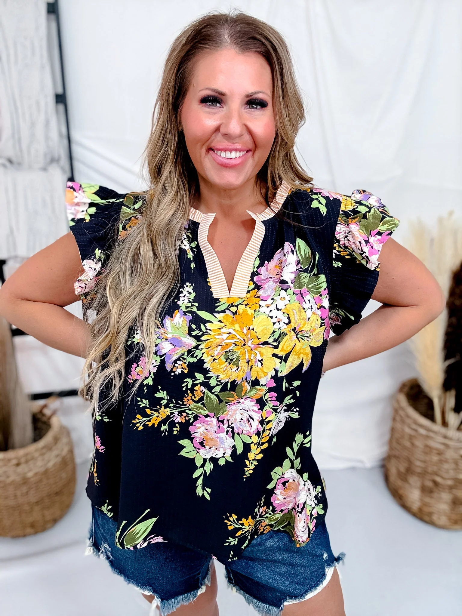 Black Floral Print Blouse With Striped Trim & Ruffle Sleeves FINAL SALE
