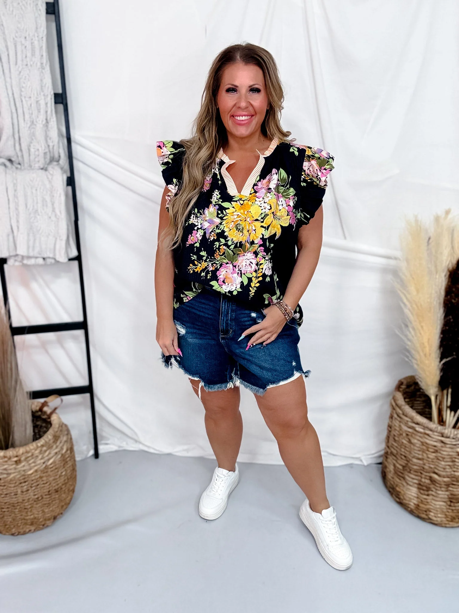 Black Floral Print Blouse With Striped Trim & Ruffle Sleeves FINAL SALE - Image 2