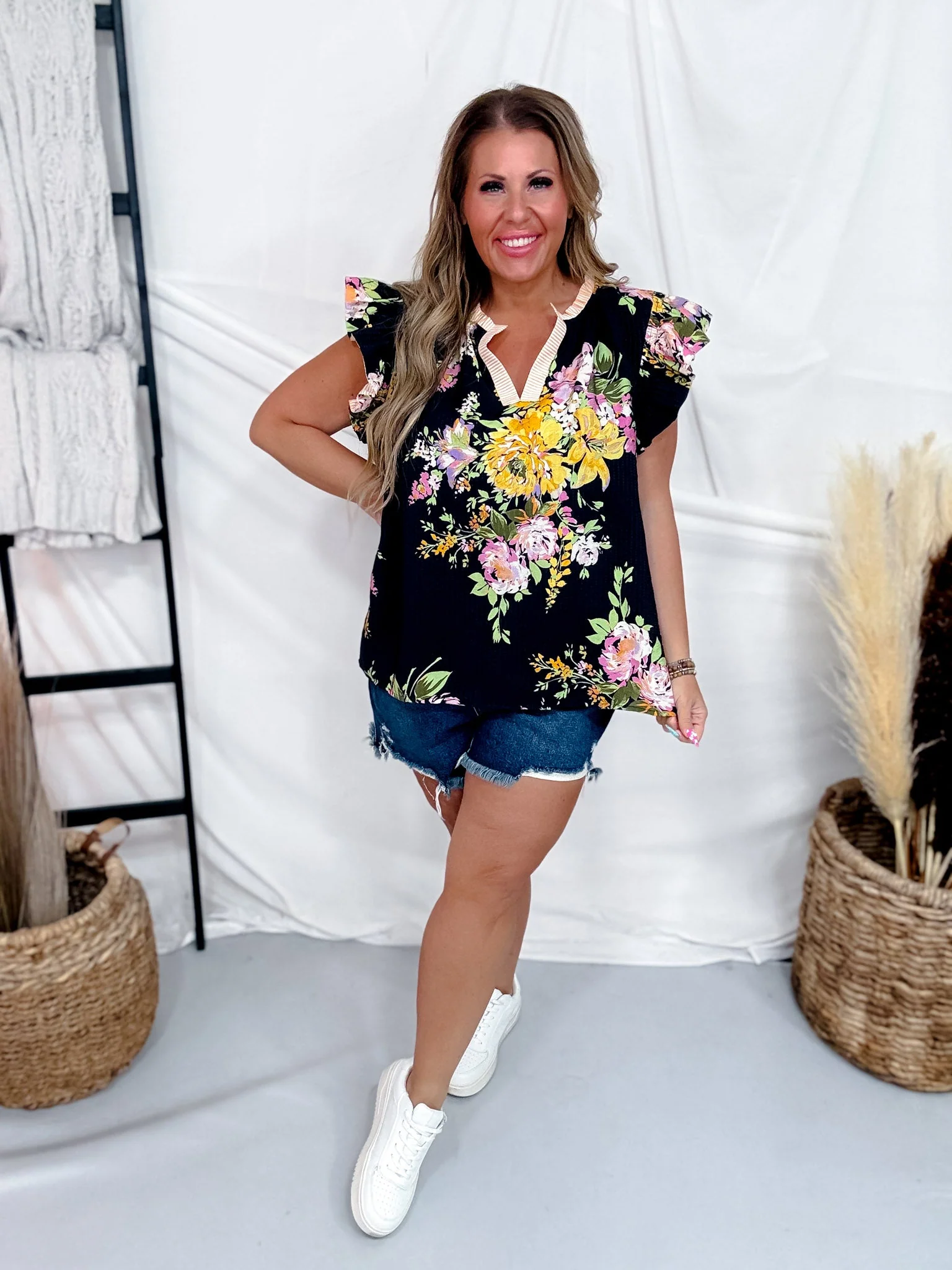 Black Floral Print Blouse With Striped Trim & Ruffle Sleeves FINAL SALE - Image 5