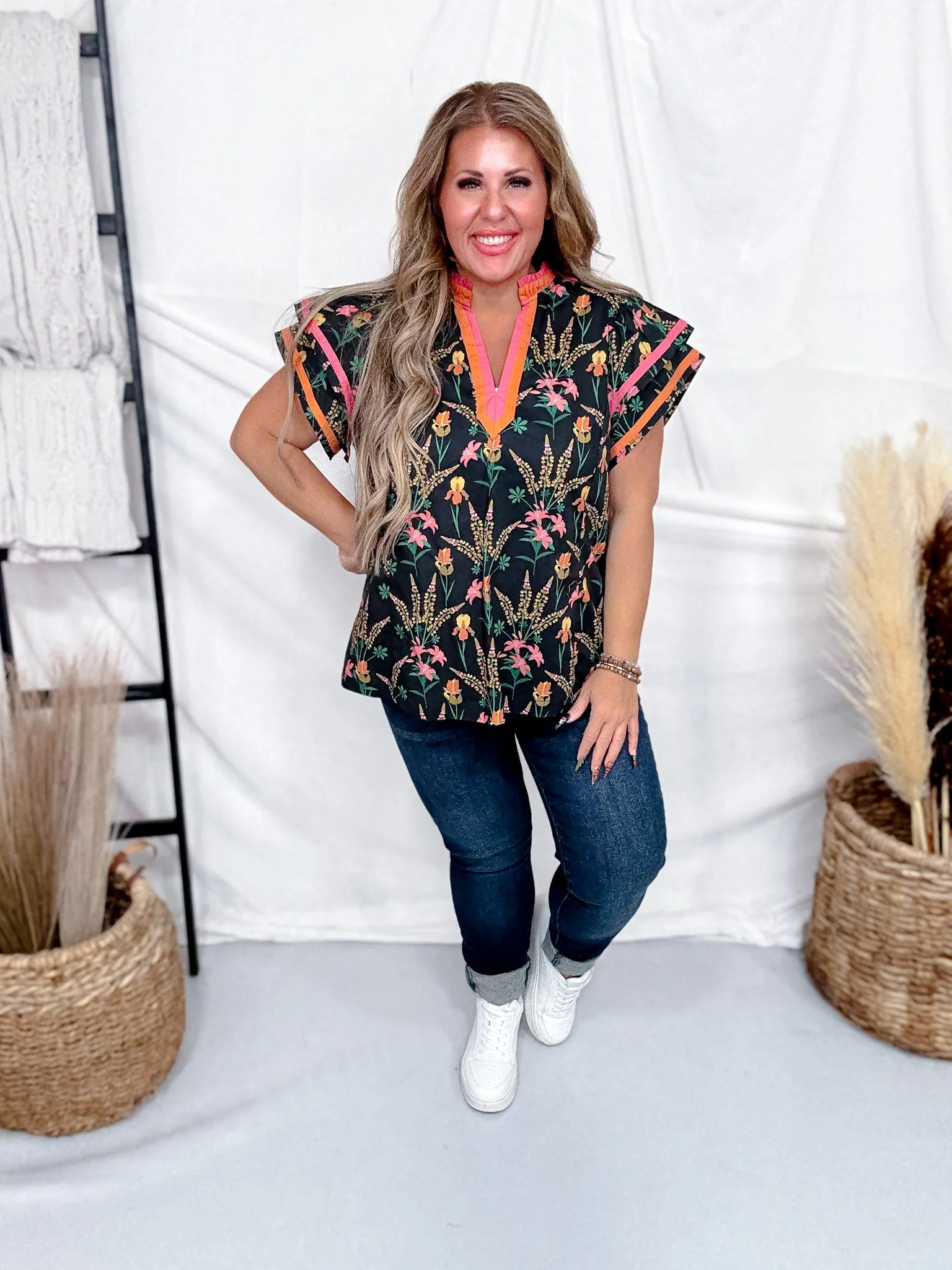 Black Floral Ruffle Sleeve Top With Contrasting Trim FINAL SALE - Image 2