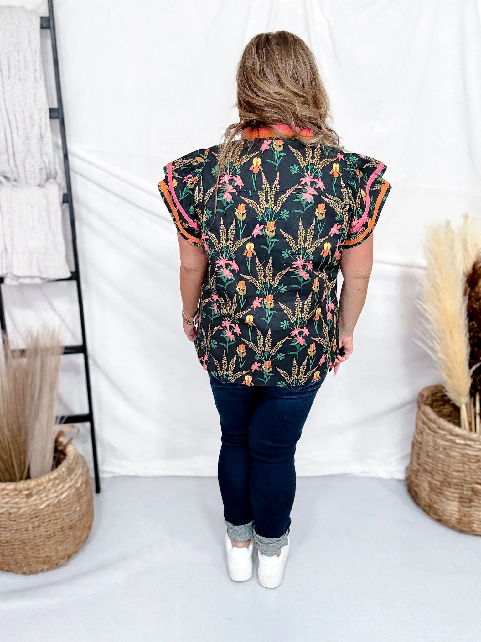 Black Floral Ruffle Sleeve Top With Contrasting Trim FINAL SALE - Image 4