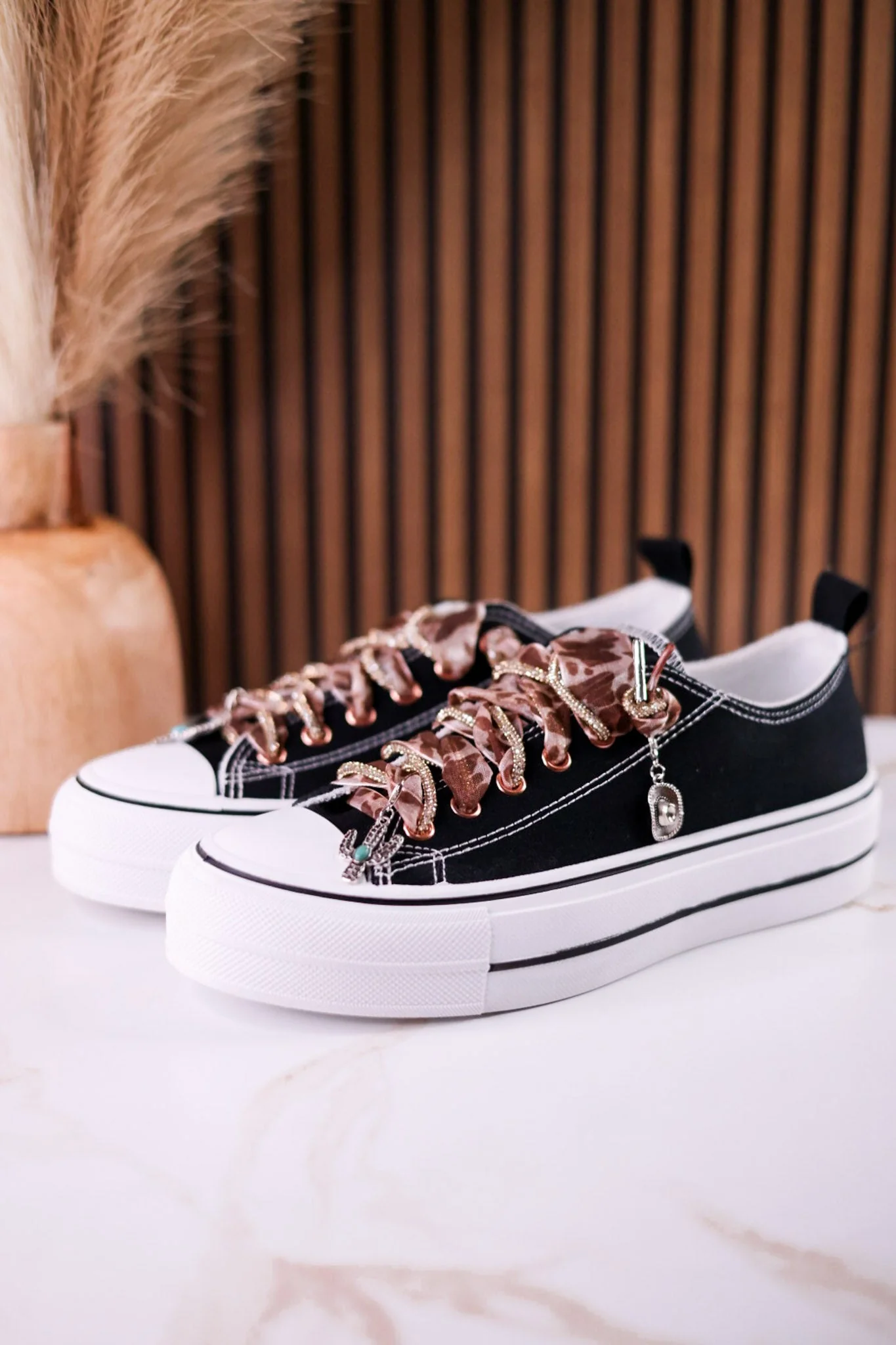 Black "Harmon" Sneakers With Leopard Print & Rhinestone Laces - Image 12