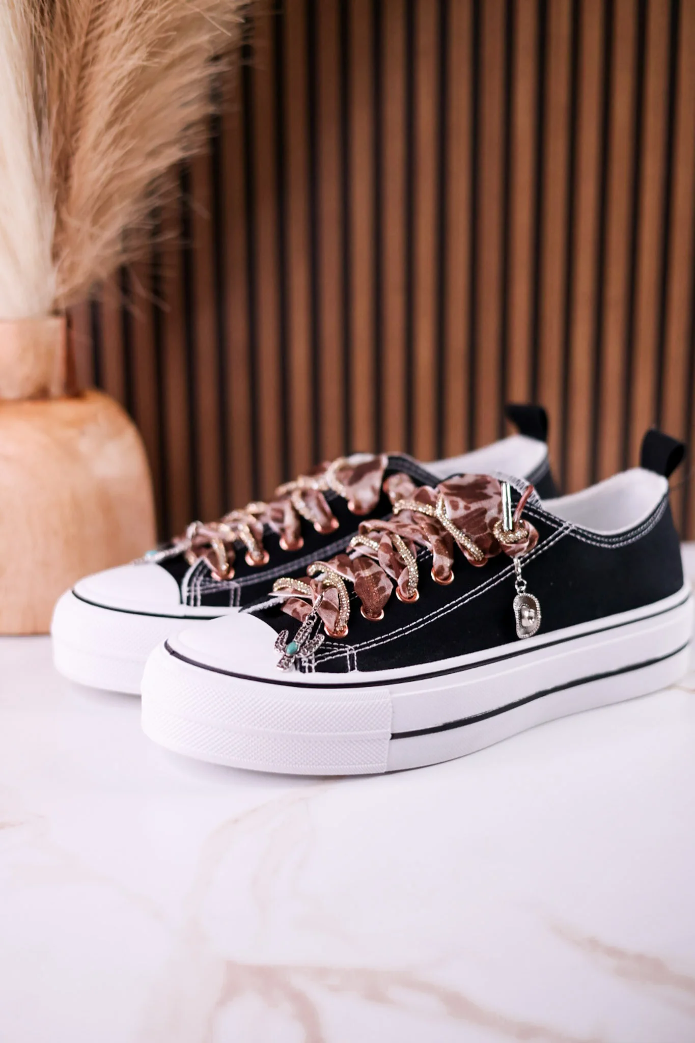 Black "Harmon" Sneakers With Leopard Print & Rhinestone Laces - Image 4