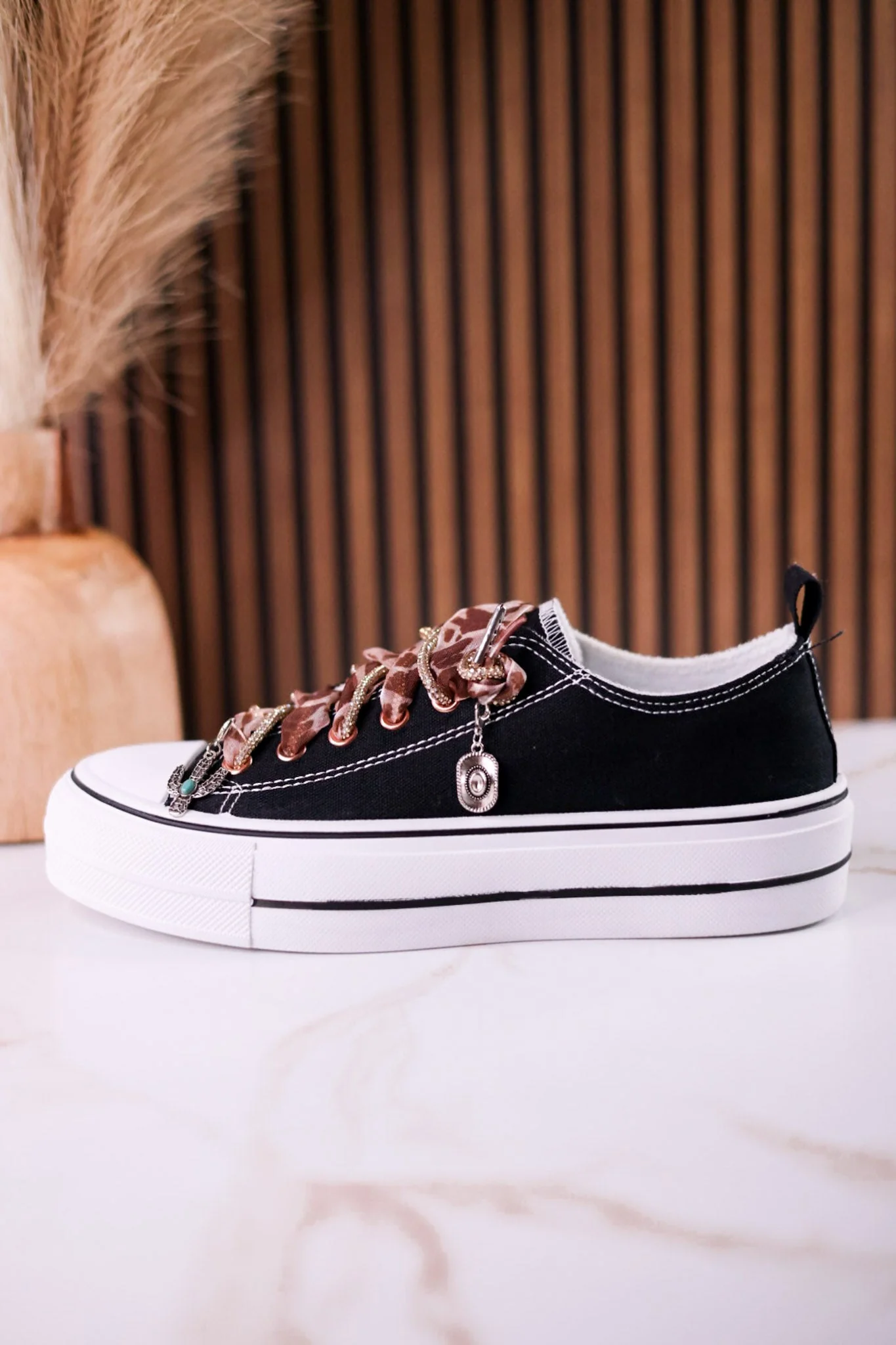 Black "Harmon" Sneakers With Leopard Print & Rhinestone Laces - Image 5