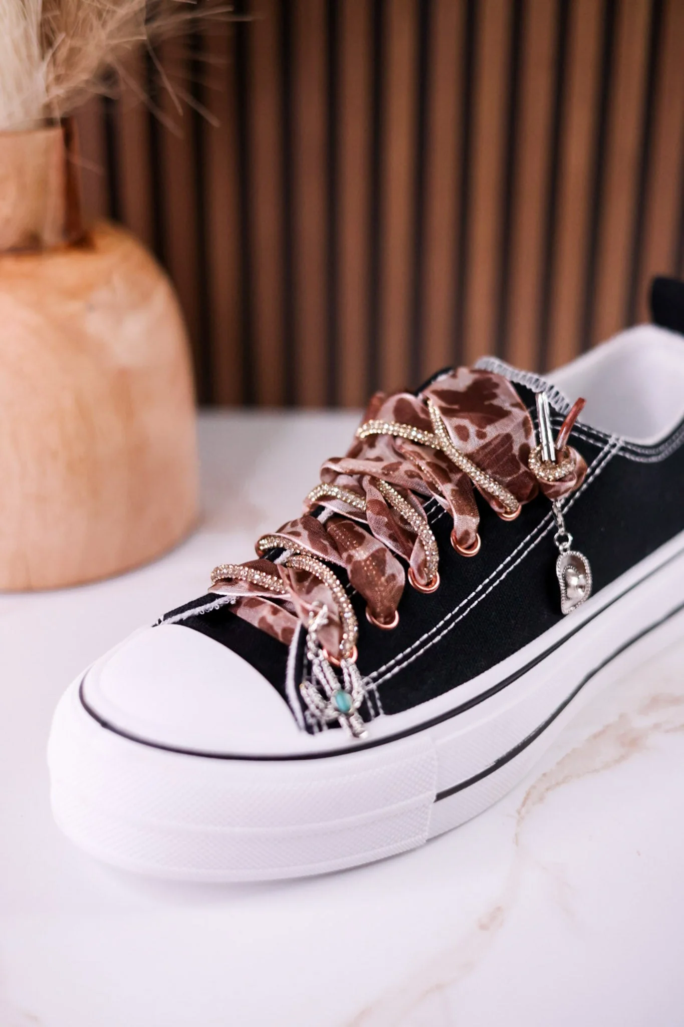 Black "Harmon" Sneakers With Leopard Print & Rhinestone Laces - Image 9