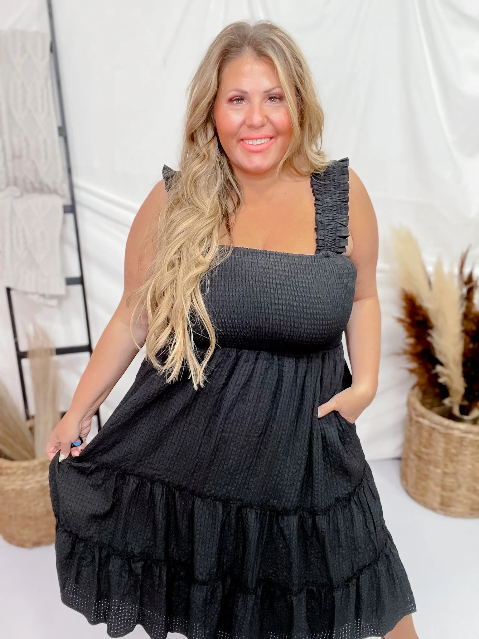 Black Jacquard Checker Print Tiered Midi Dress FINAL SALE