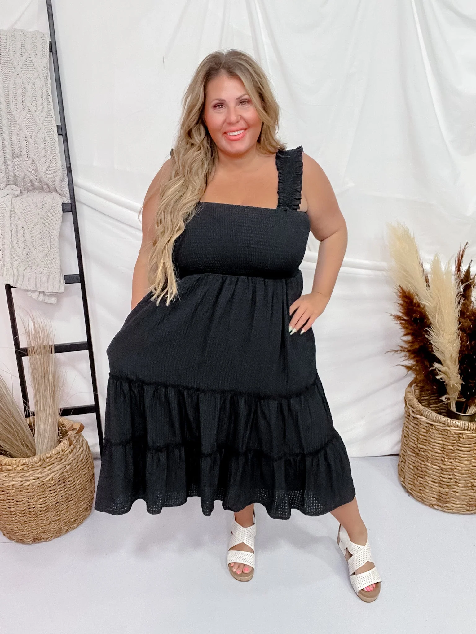 Black Jacquard Checker Print Tiered Midi Dress FINAL SALE - Image 2