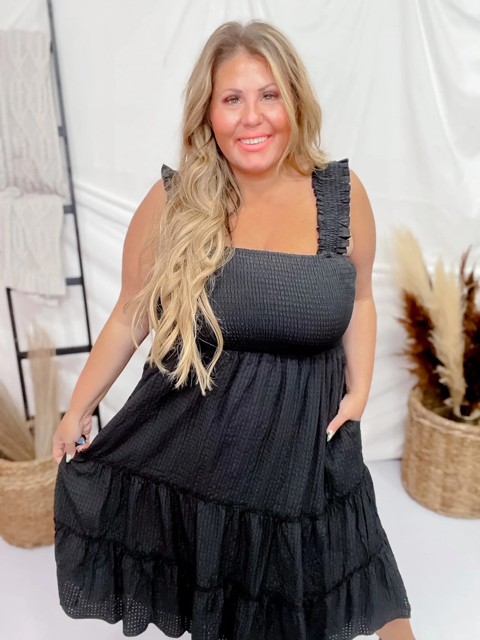 Black Jacquard Checker Print Tiered Midi Dress FINAL SALE - Image 3