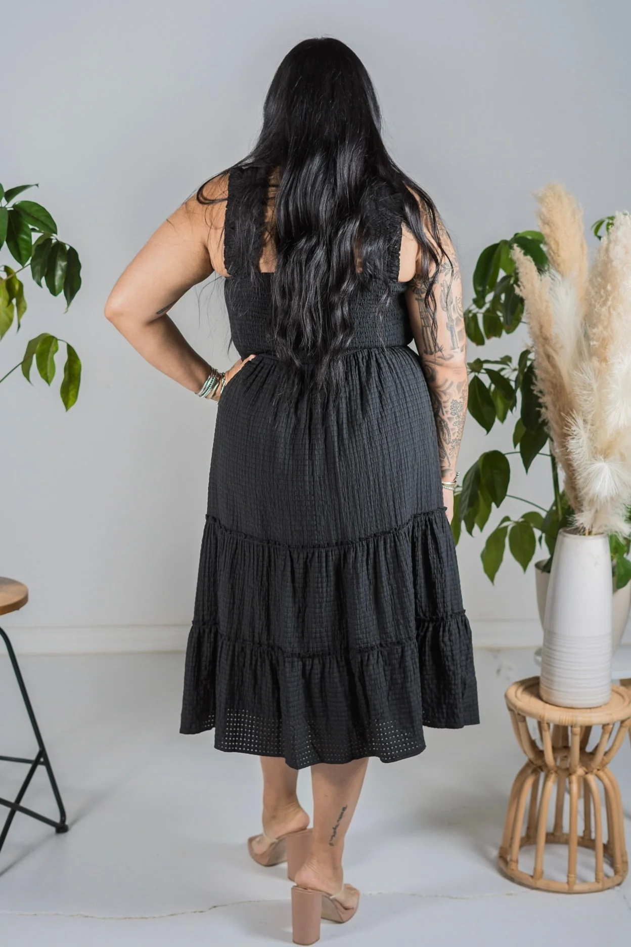 Black Jacquard Checker Print Tiered Midi Dress FINAL SALE - Image 7