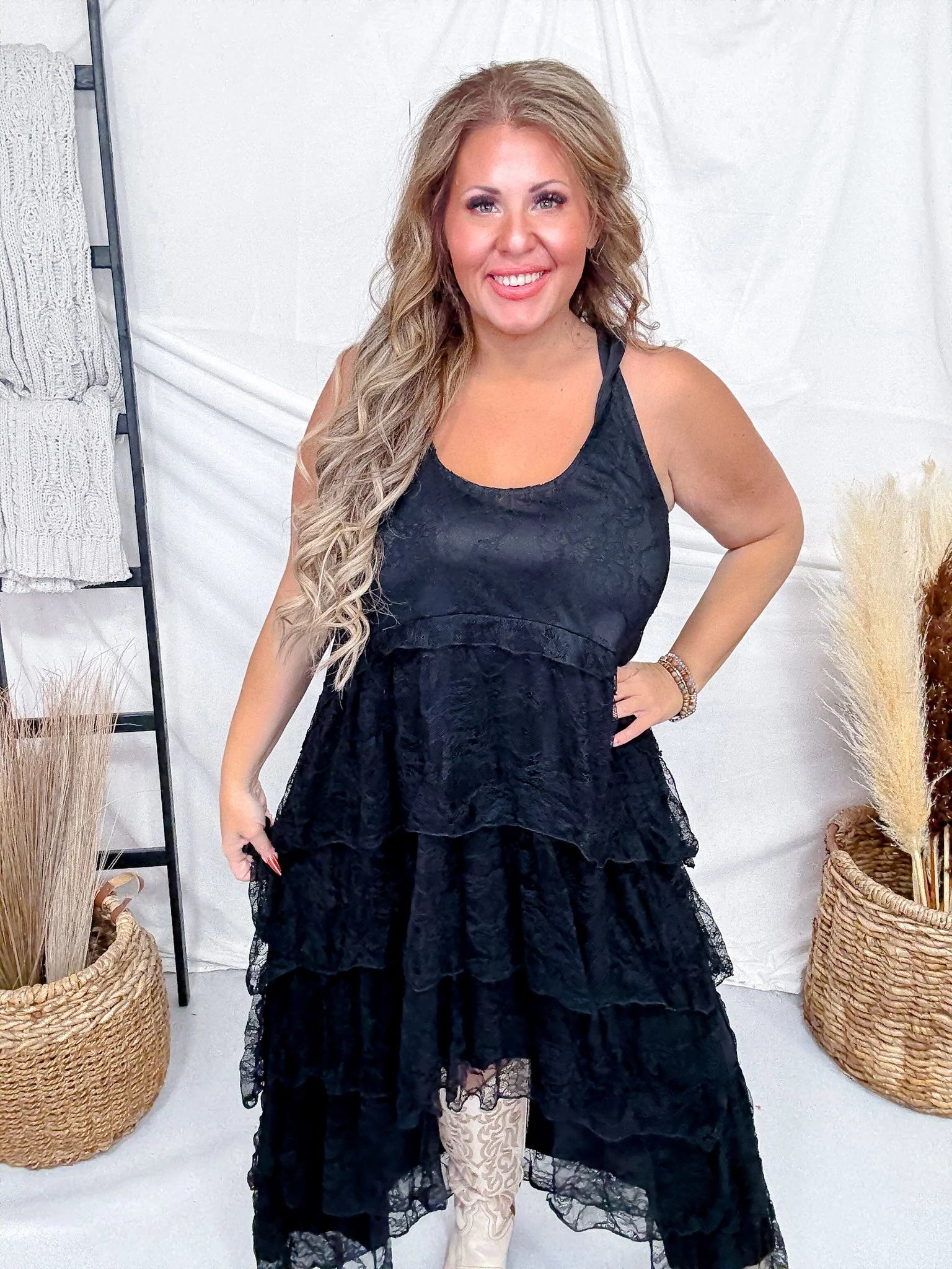 Black Lace Round Neck High-Low Dress With Twist Straps - Image 3