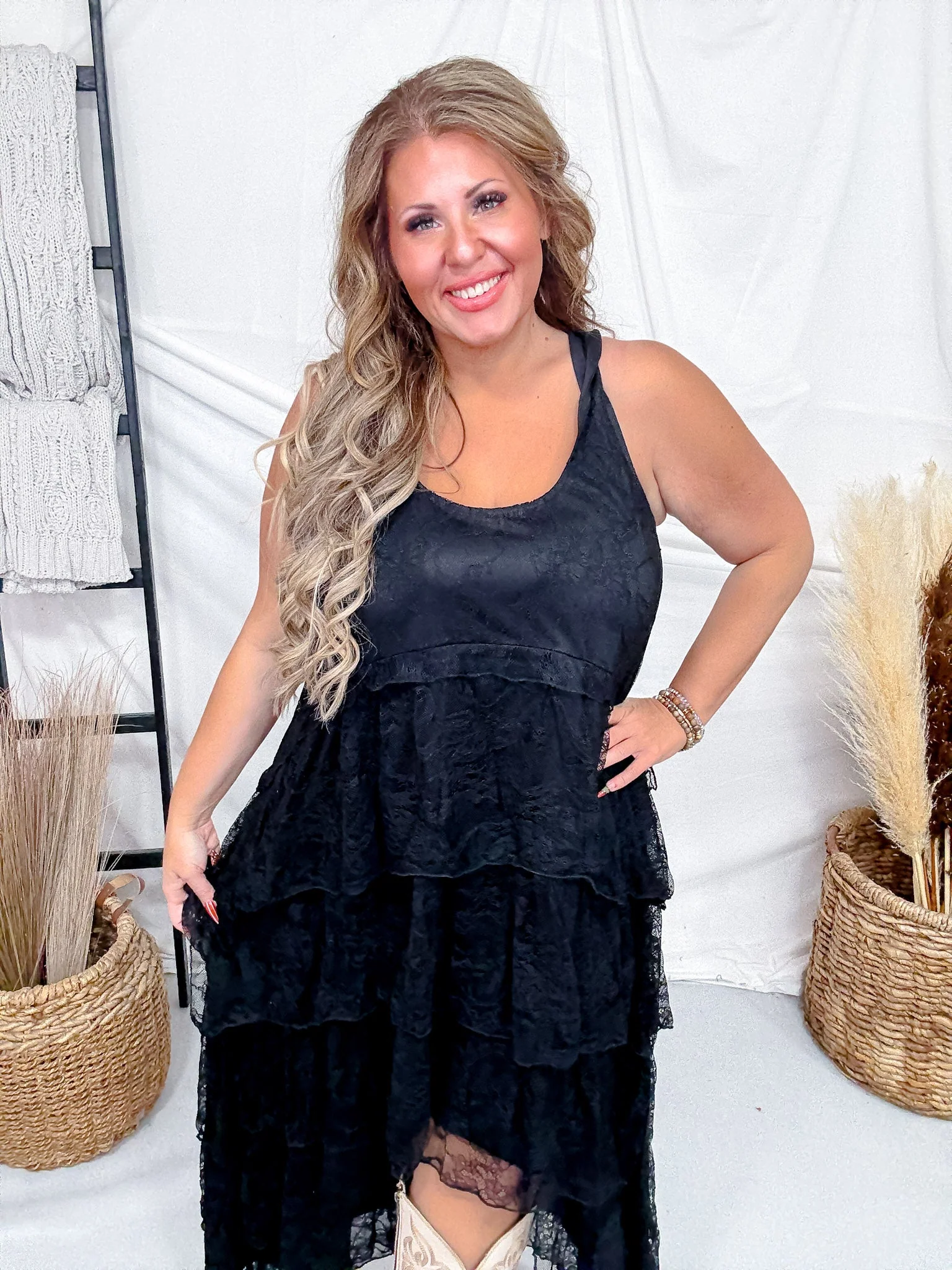 Black Lace Round Neck High-Low Dress With Twist Straps - Image 5