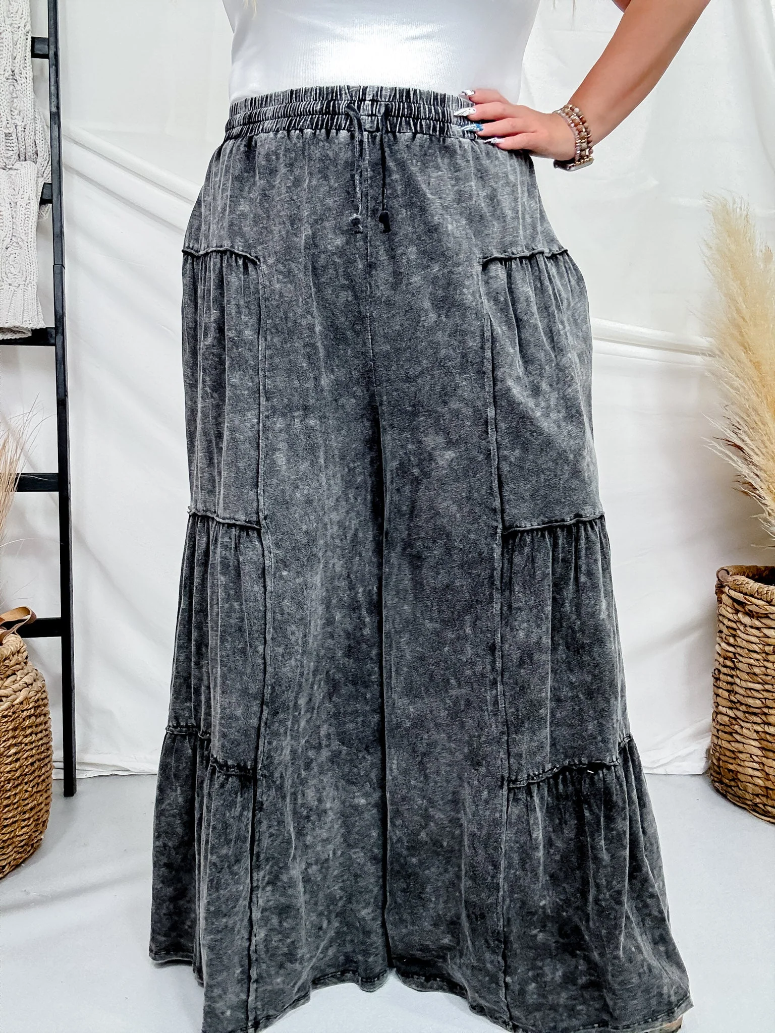 Black Mineral Washed Tiered Wide Leg Pants FINAL SALE
