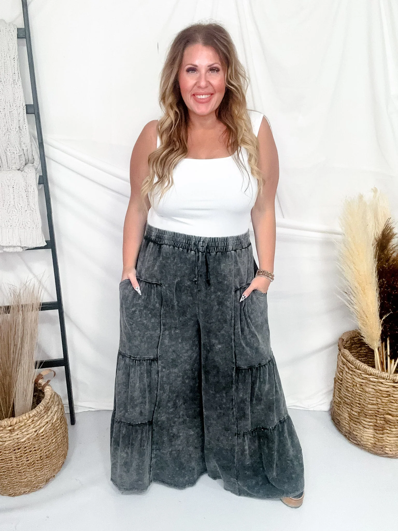 Black Mineral Washed Tiered Wide Leg Pants FINAL SALE - Image 2