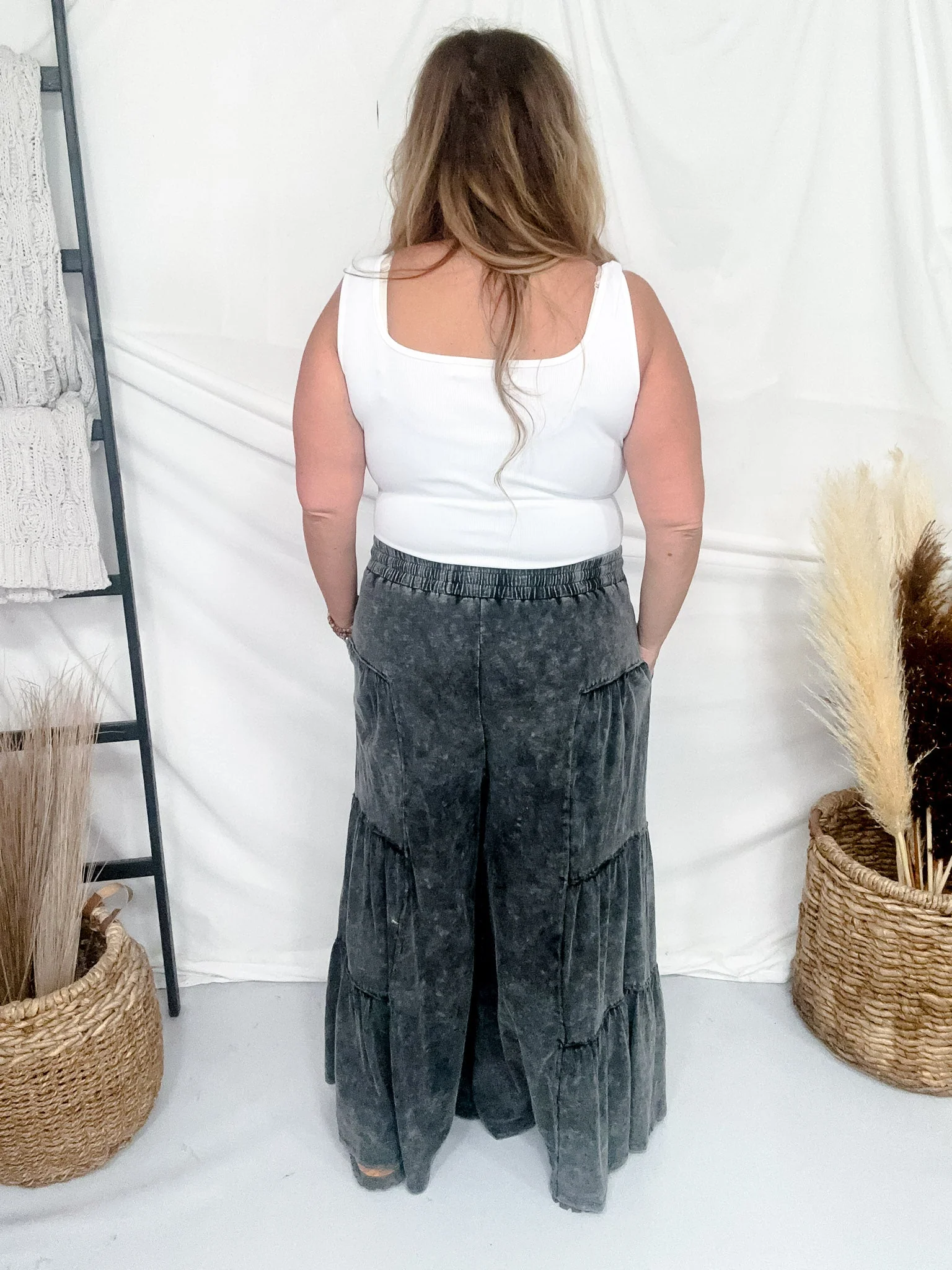 Black Mineral Washed Tiered Wide Leg Pants FINAL SALE - Image 8