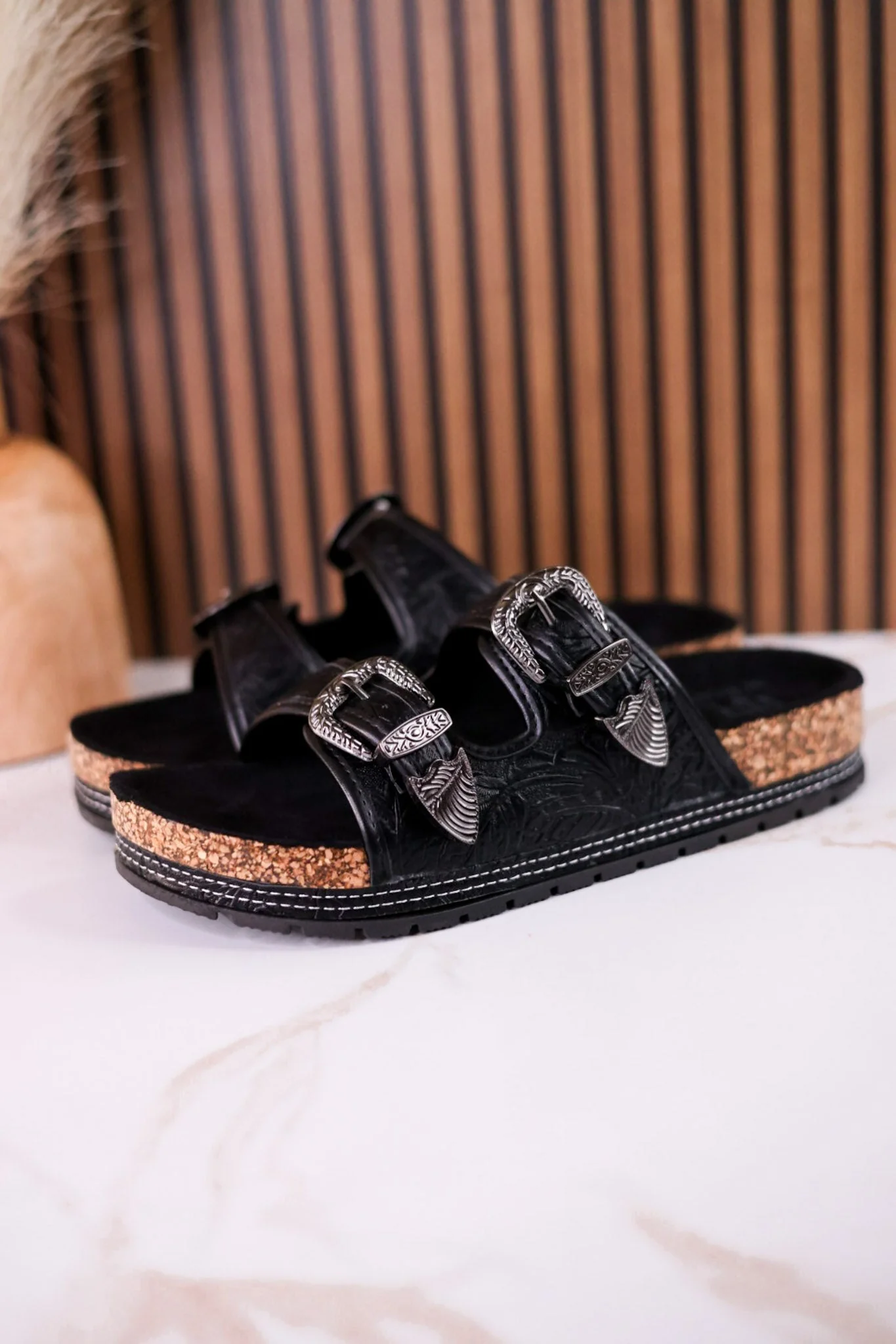 Black "Morgana" Dual Strap Tooled Faux Leather Sandals - Image 2