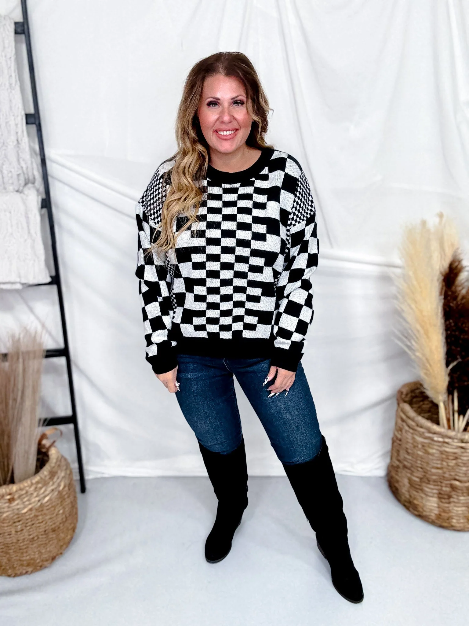 Black & Off White Chic Checkered Casual Pullover Sweater FINAL SALE - Image 2