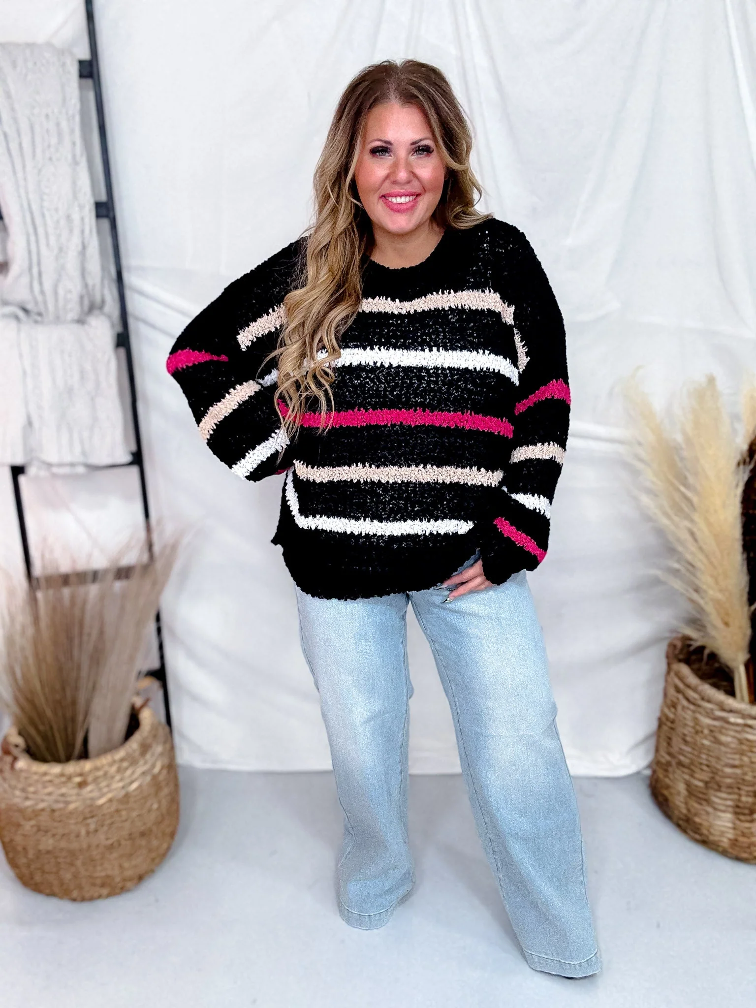 Black Open Knit Top With Pink & Tan Stripes FINAL SALE - Image 5