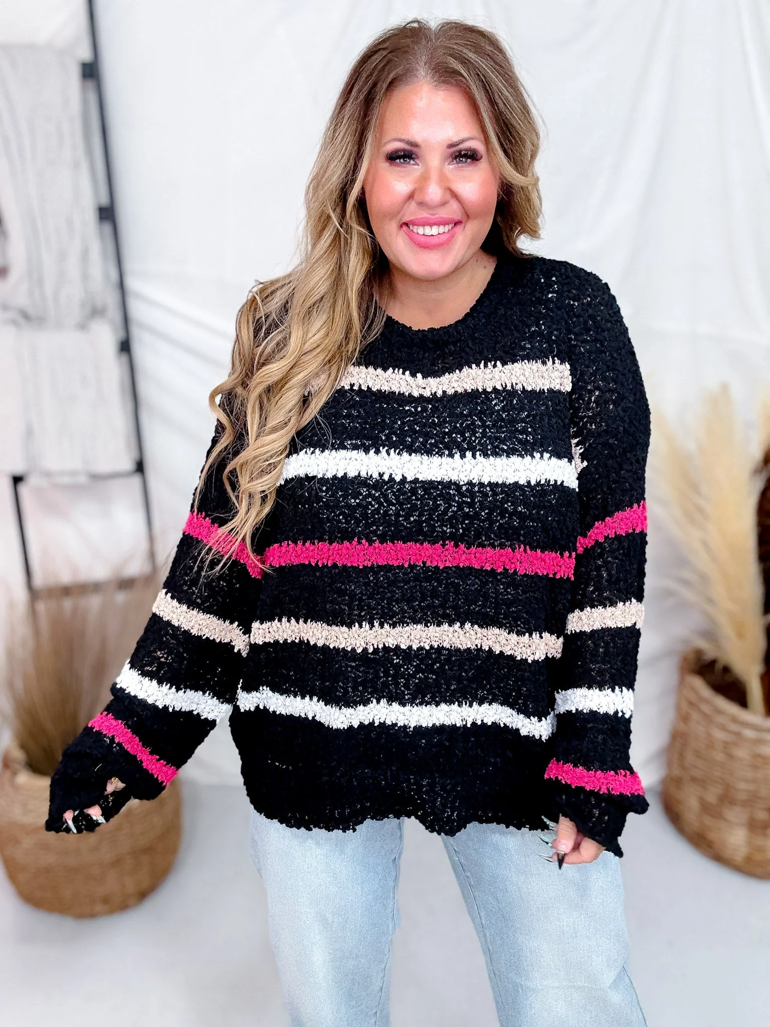 Black Open Knit Top With Pink & Tan Stripes FINAL SALE - Image 8