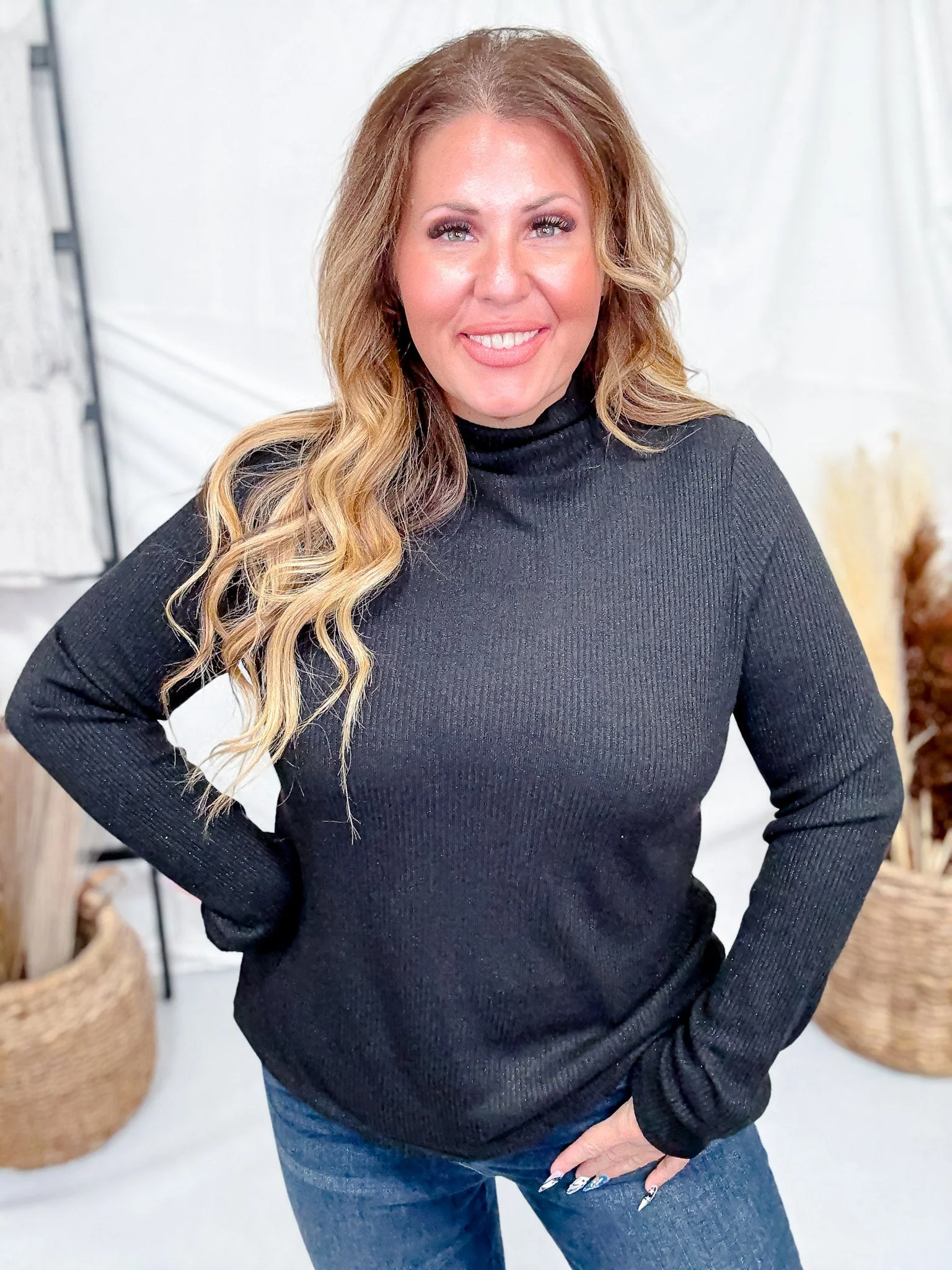 Black Shimmer Mock Neck Sweater With Long Sleeves FINAL SALE