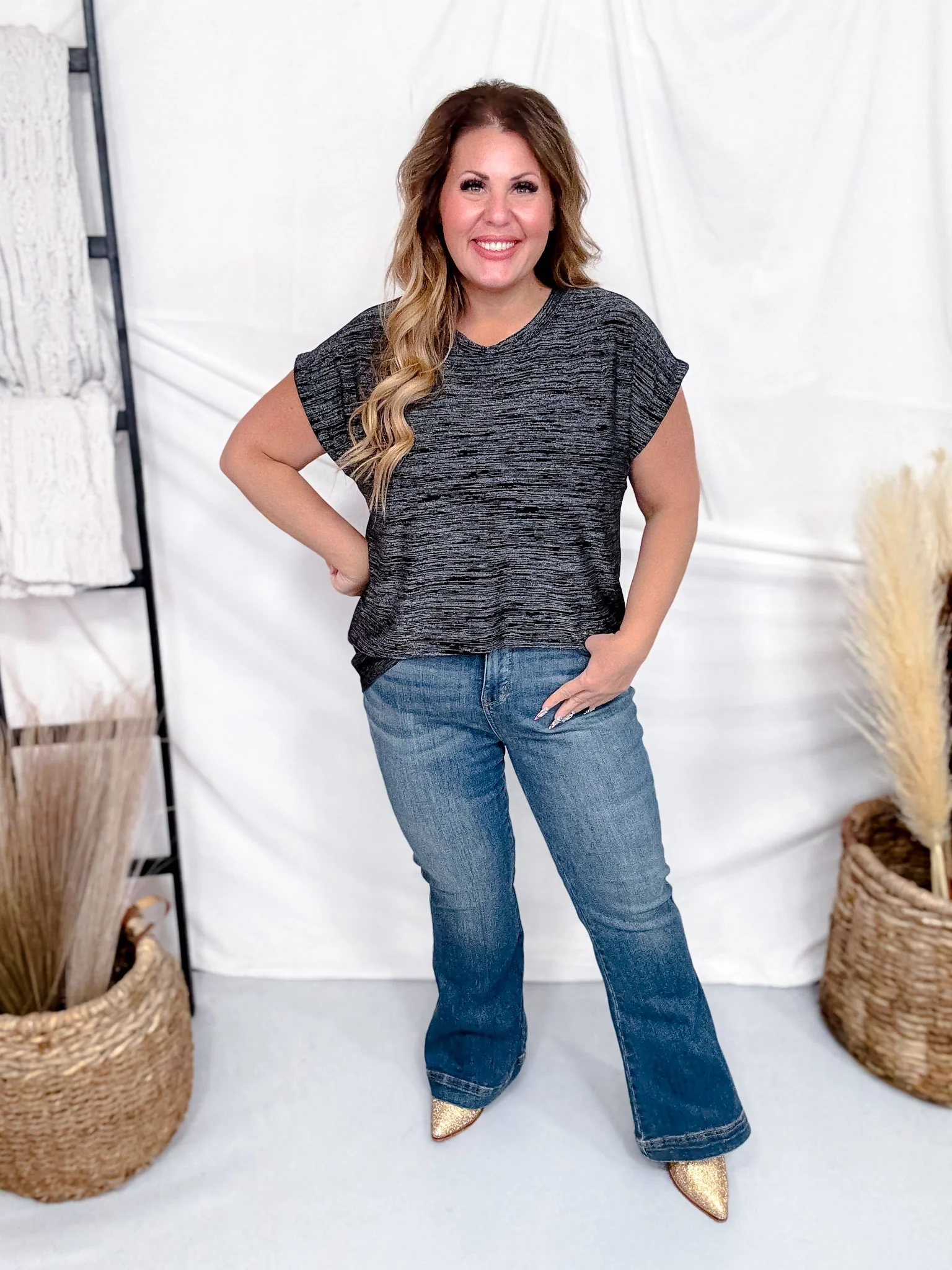 Black & Silver Shimmery Top With Cap Sleeves FINAL SALE - Image 2