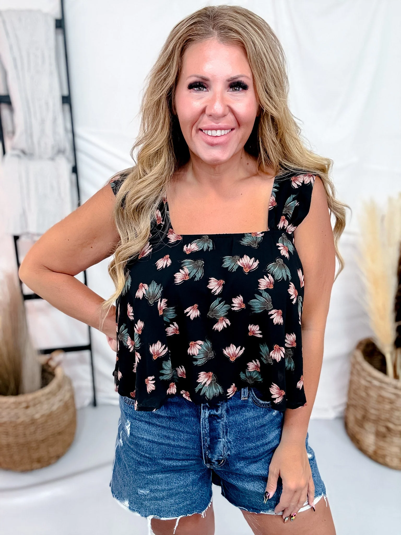 Black Square Neck Top With Watercolor Floral Print