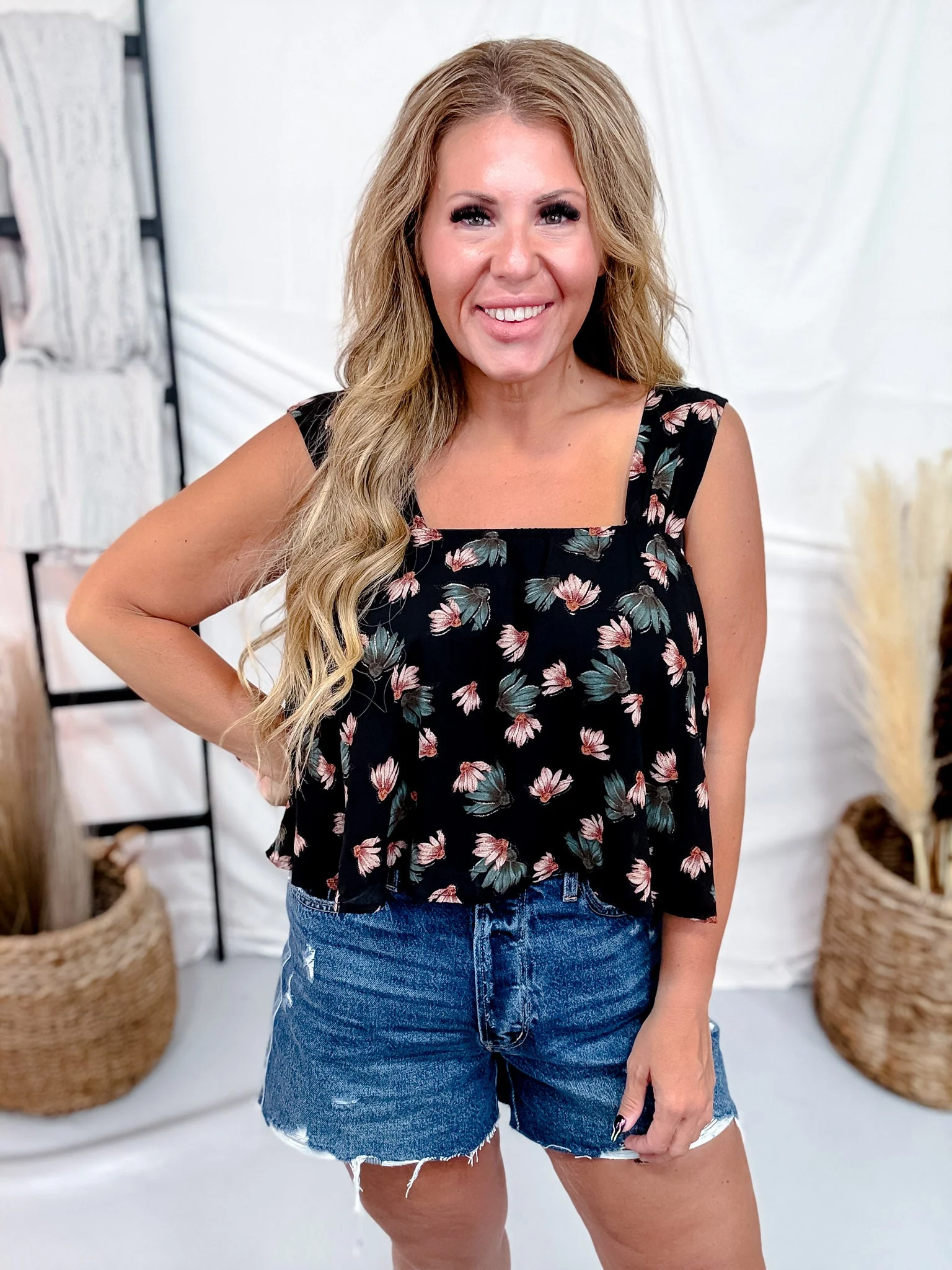 Black Square Neck Top With Watercolor Floral Print - Image 8