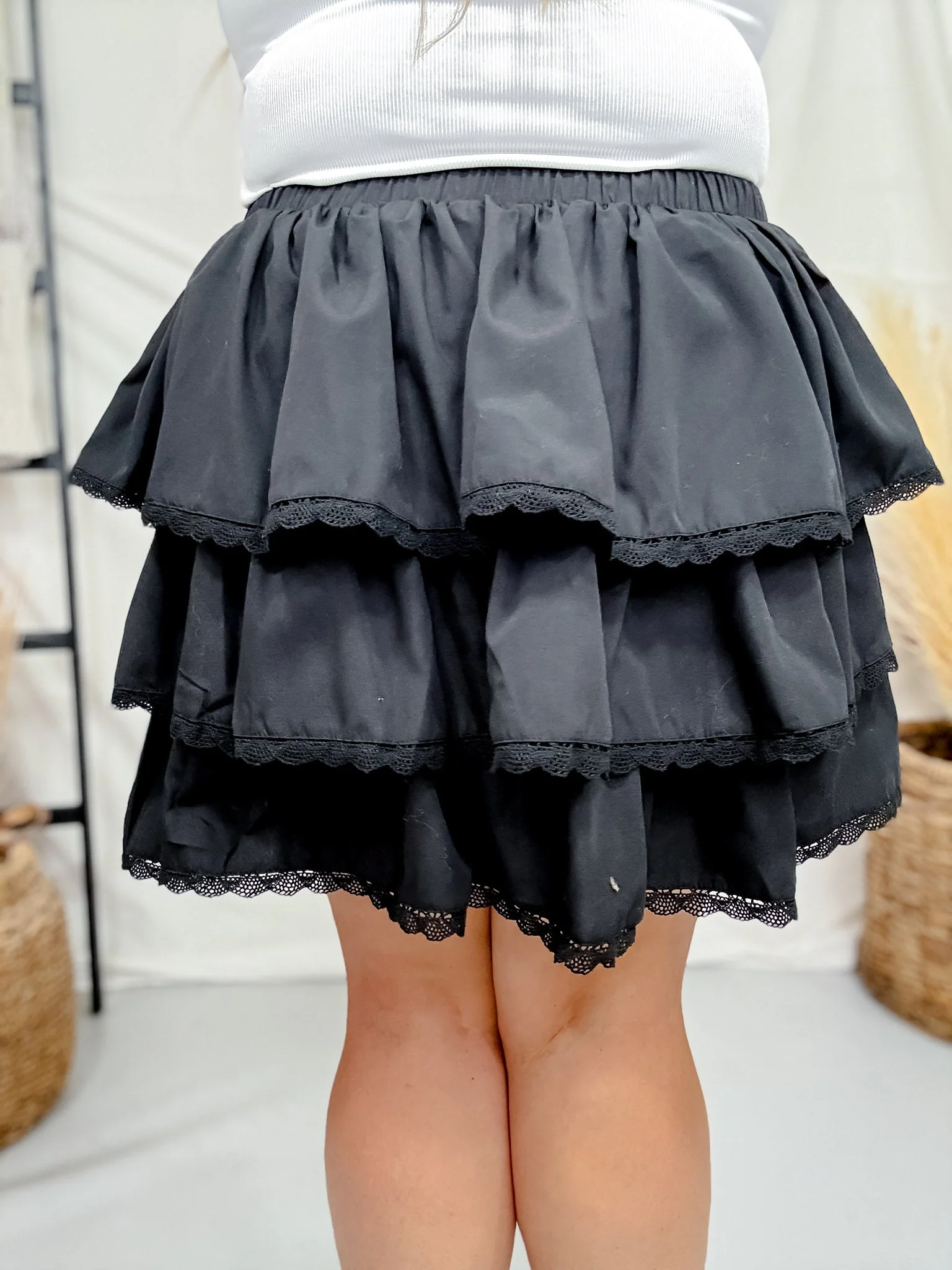 Black Tiered Shirring W/ Lace Trim Mini Skirt FINAL SALE - Image 4