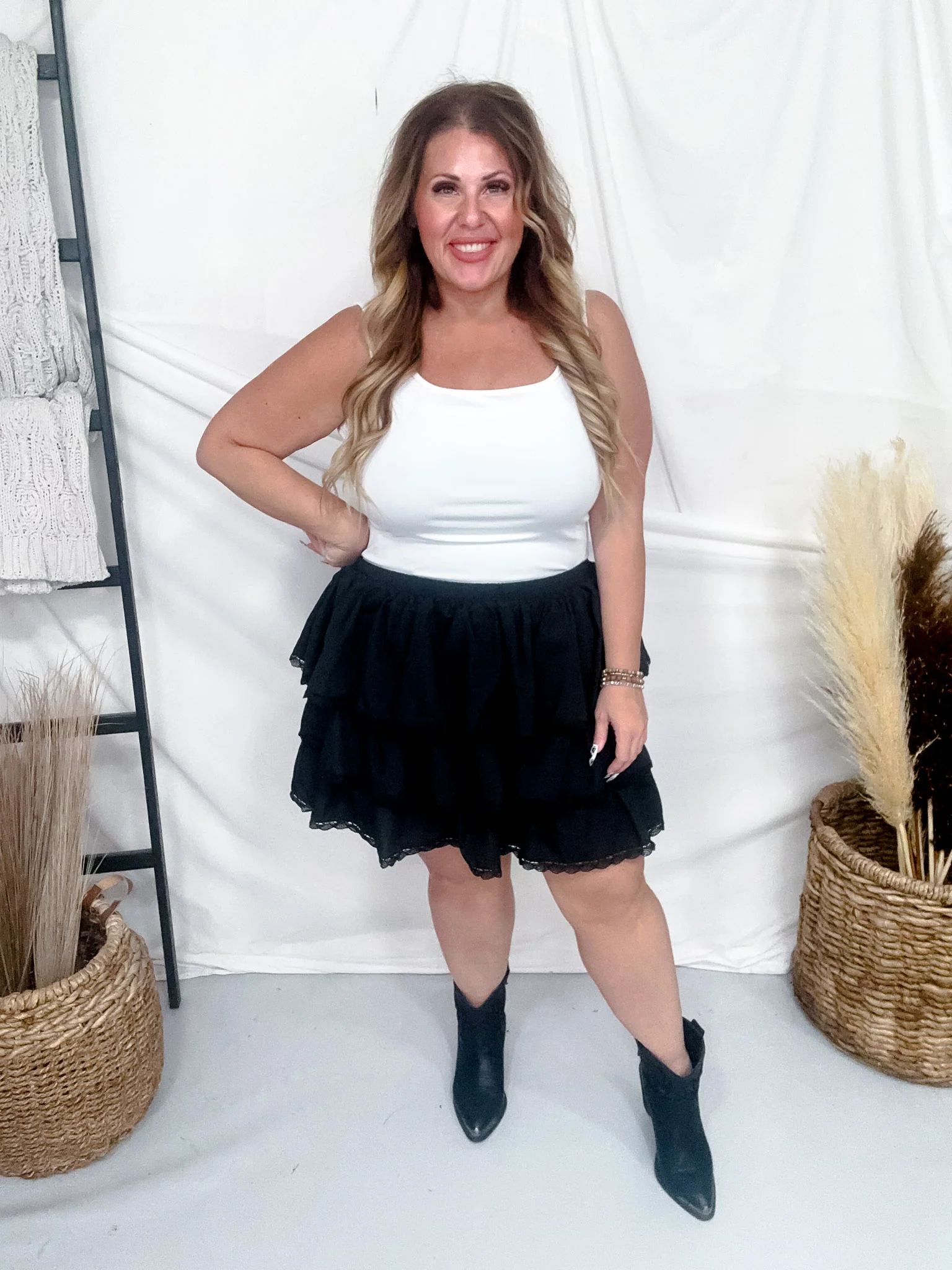 Black Tiered Shirring W/ Lace Trim Mini Skirt FINAL SALE - Image 5