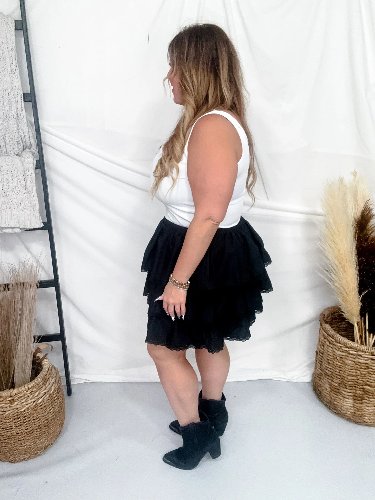 Black Tiered Shirring W/ Lace Trim Mini Skirt FINAL SALE - Image 6