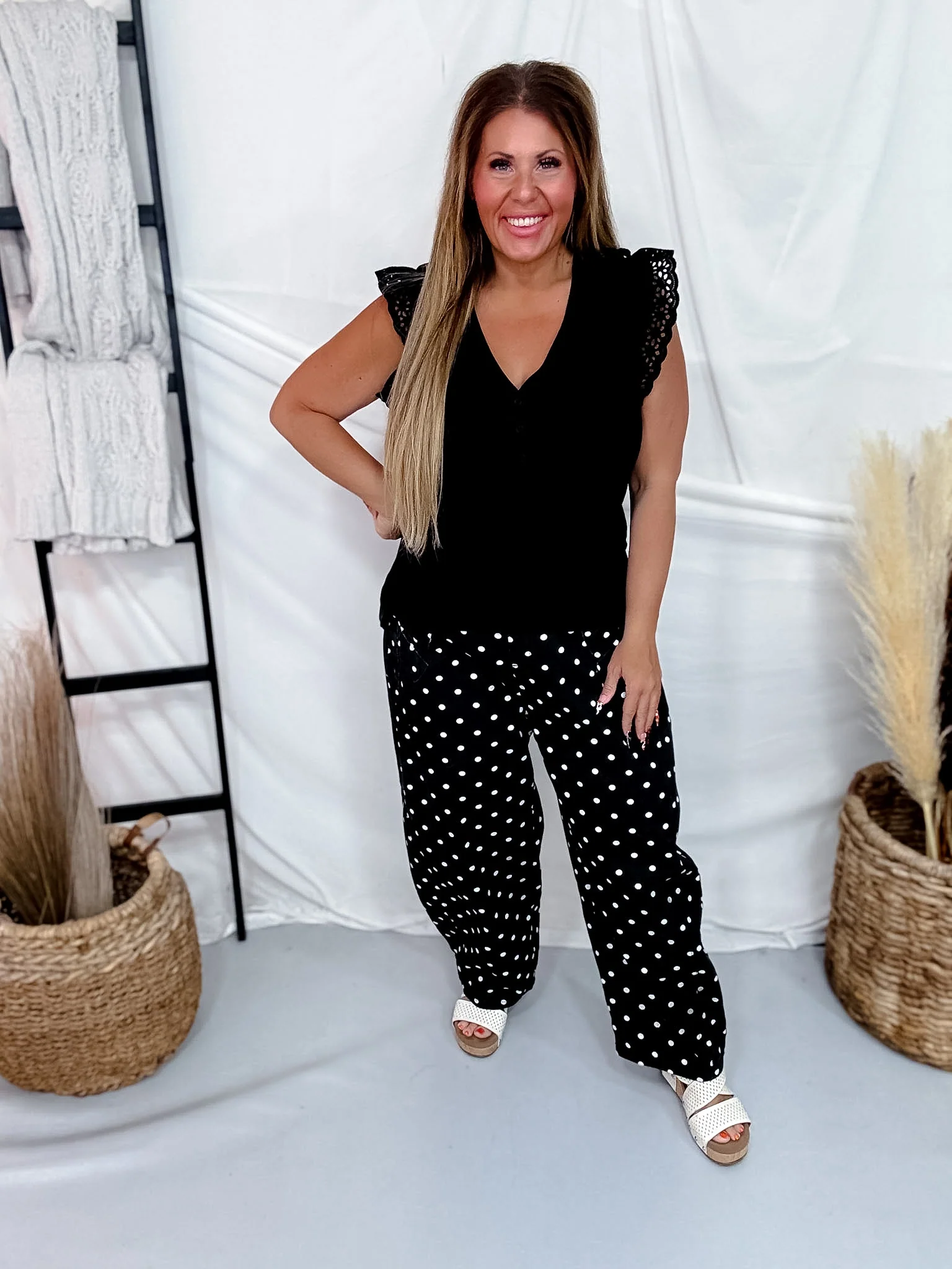 Black V-Neck Tank Top With Ruffled Eyelet Trim - Image 2