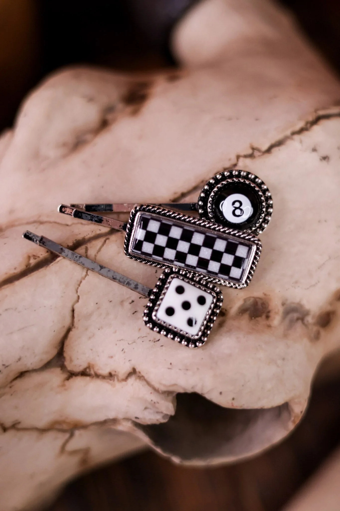 Black & White Check, Eight-ball, & Dice Bobbie Set Of Three