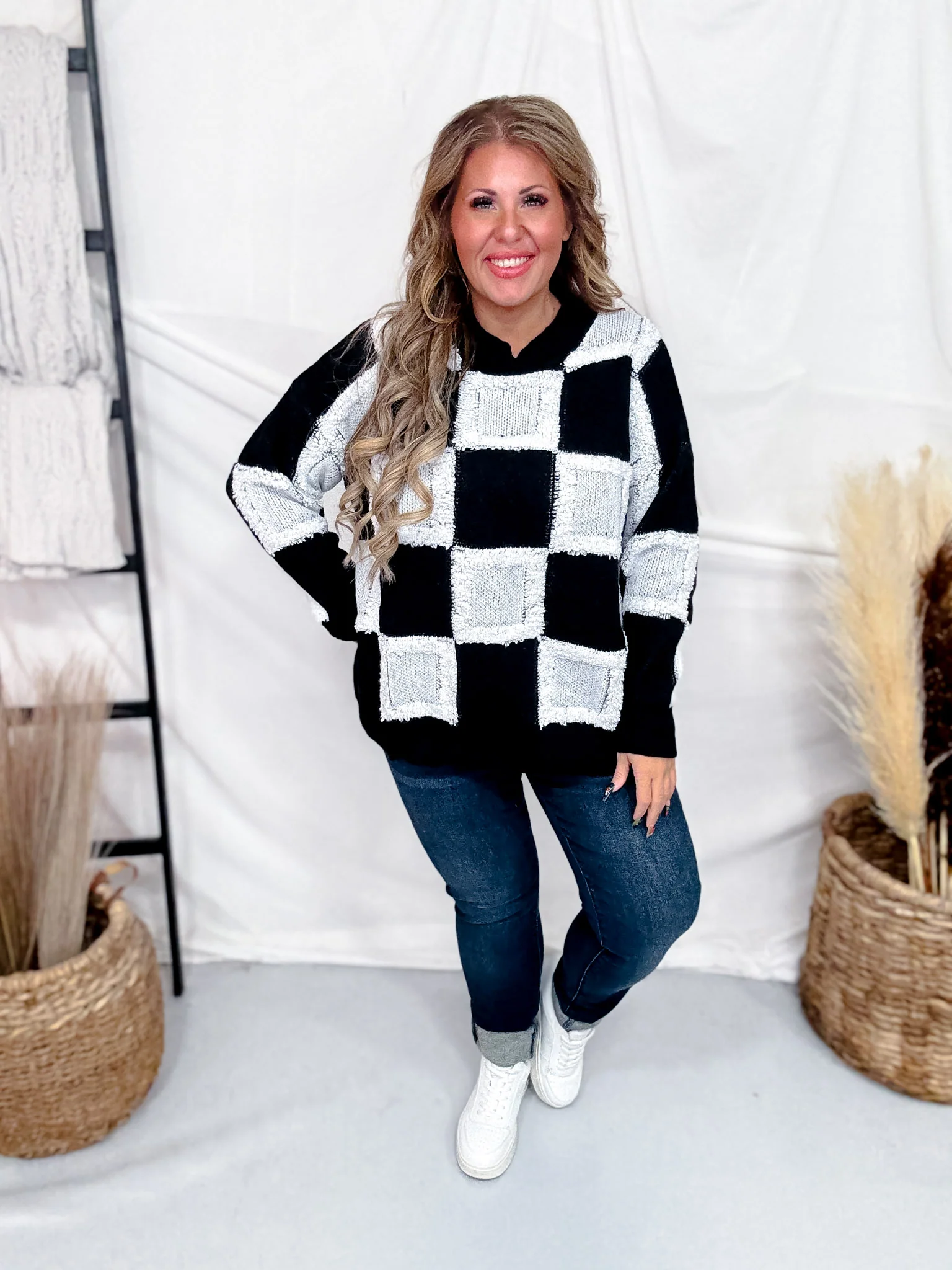 Black & White Checkered Pullover Sweater - Image 2