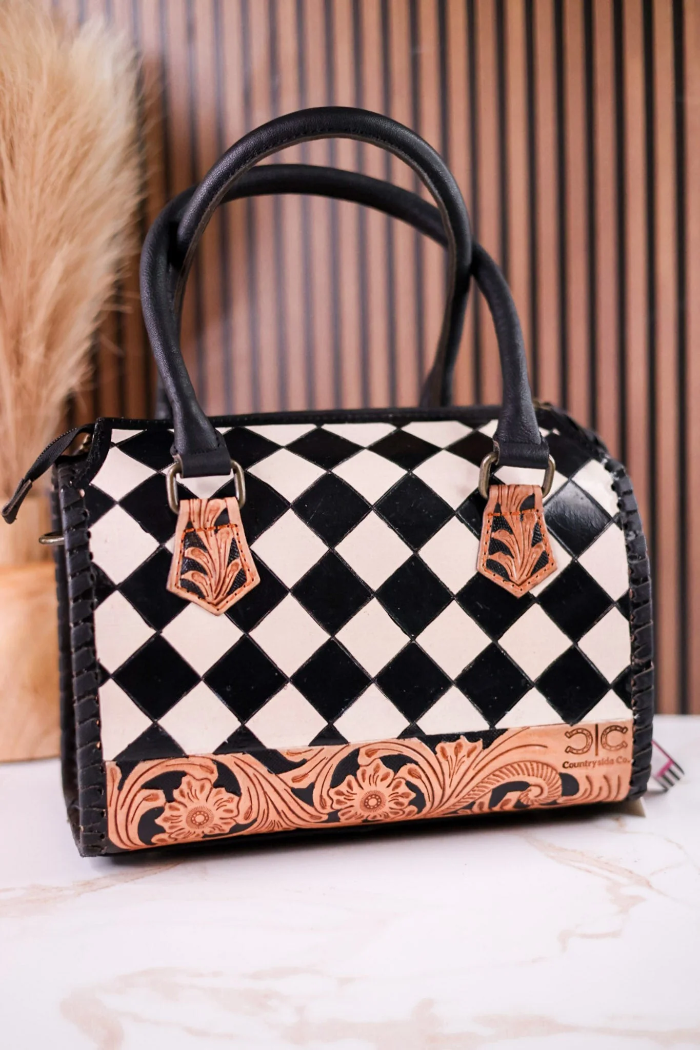 Black & White Checkered Tooled Leather Bag W/ Floral Tooling