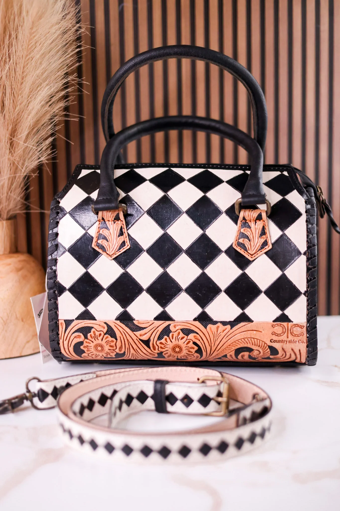 Black & White Checkered Tooled Leather Bag W/ Floral Tooling - Image 2