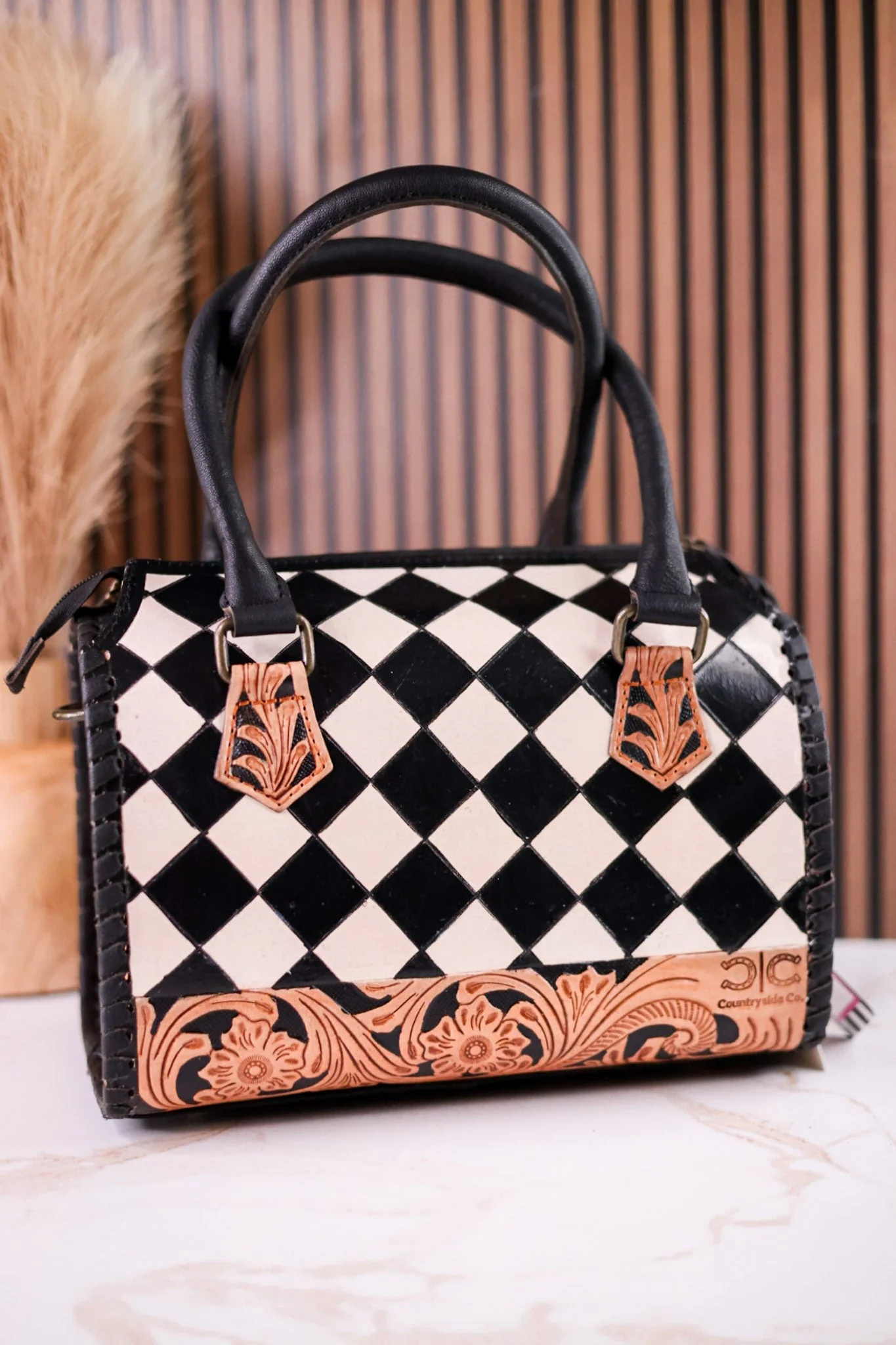 Black & White Checkered Tooled Leather Bag W/ Floral Tooling - Image 3