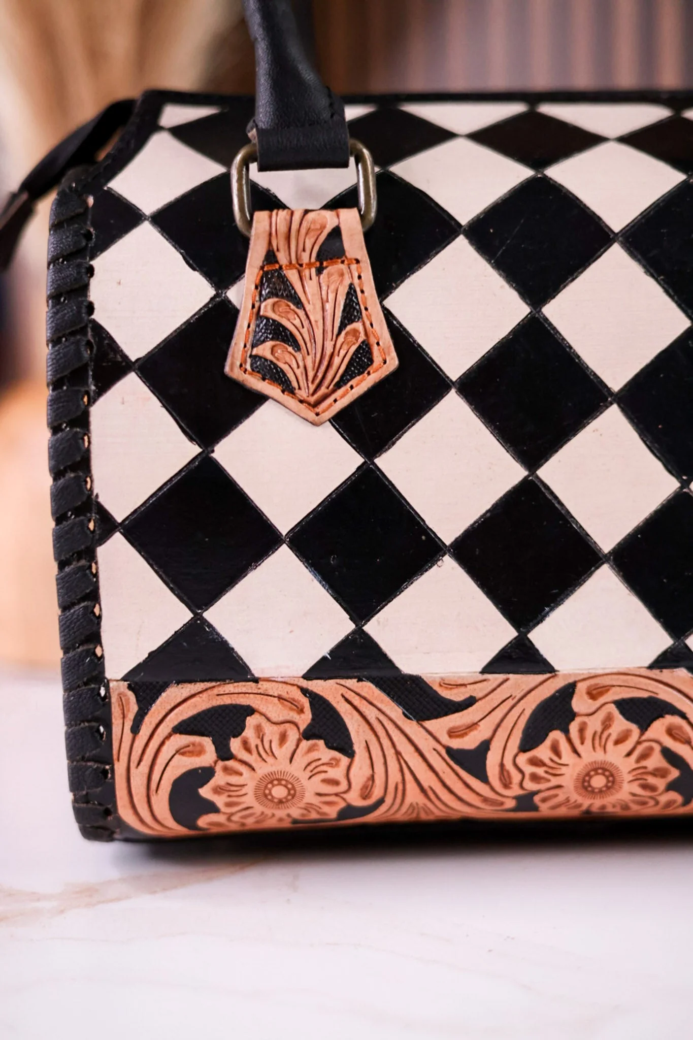 Black & White Checkered Tooled Leather Bag W/ Floral Tooling - Image 4
