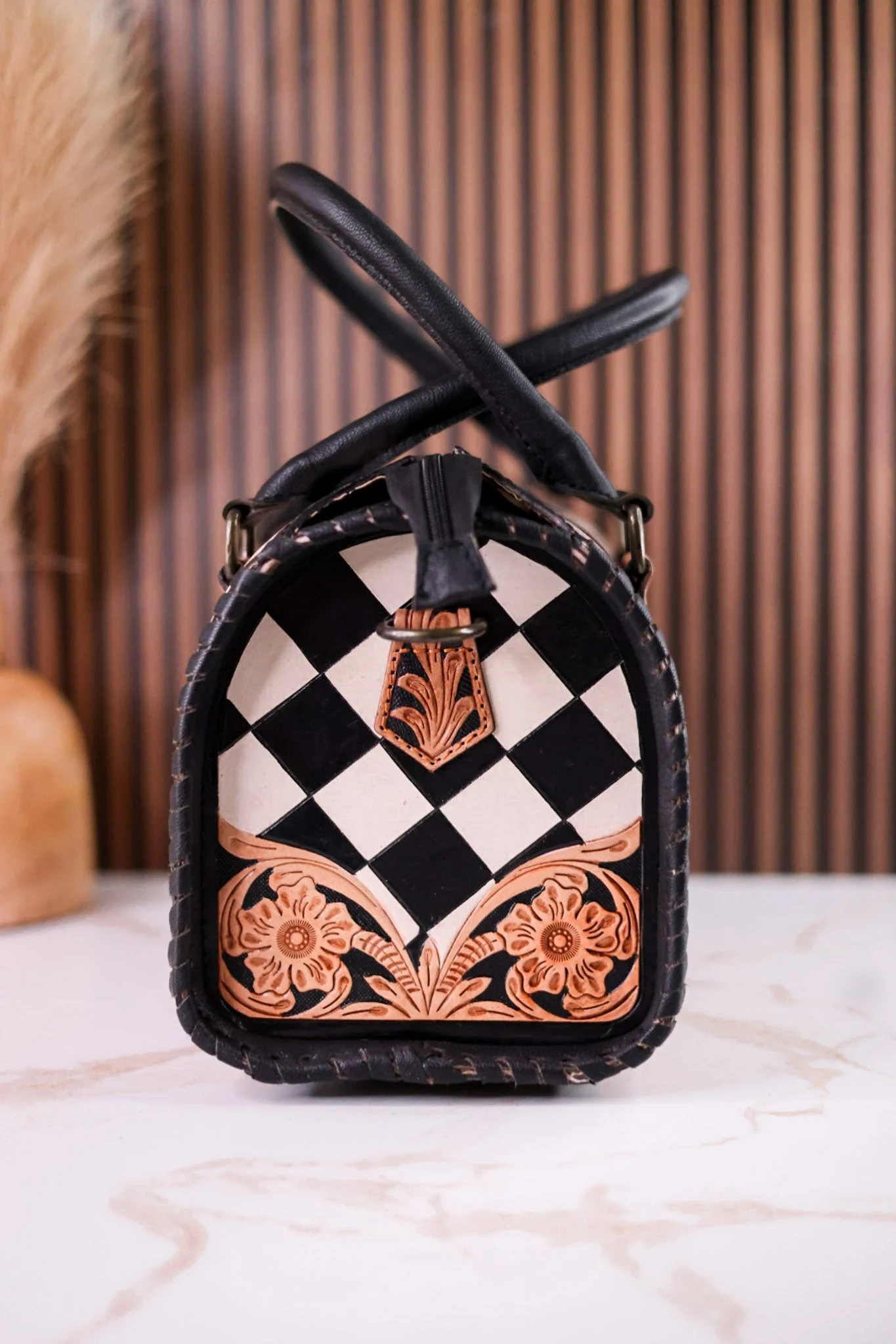Black & White Checkered Tooled Leather Bag W/ Floral Tooling - Image 5