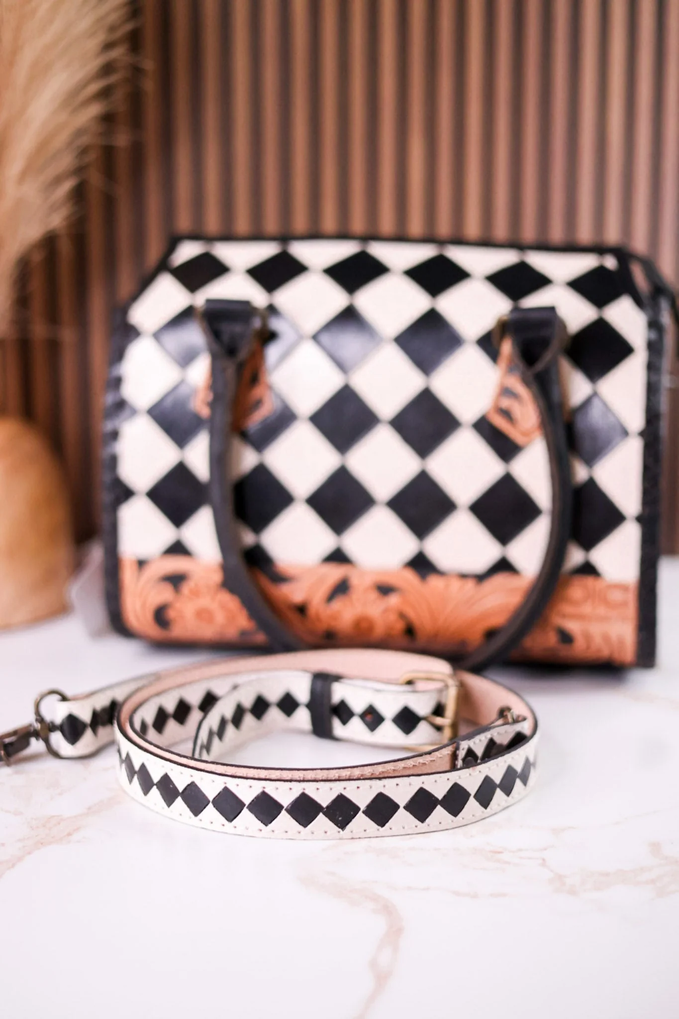 Black & White Checkered Tooled Leather Bag W/ Floral Tooling - Image 7